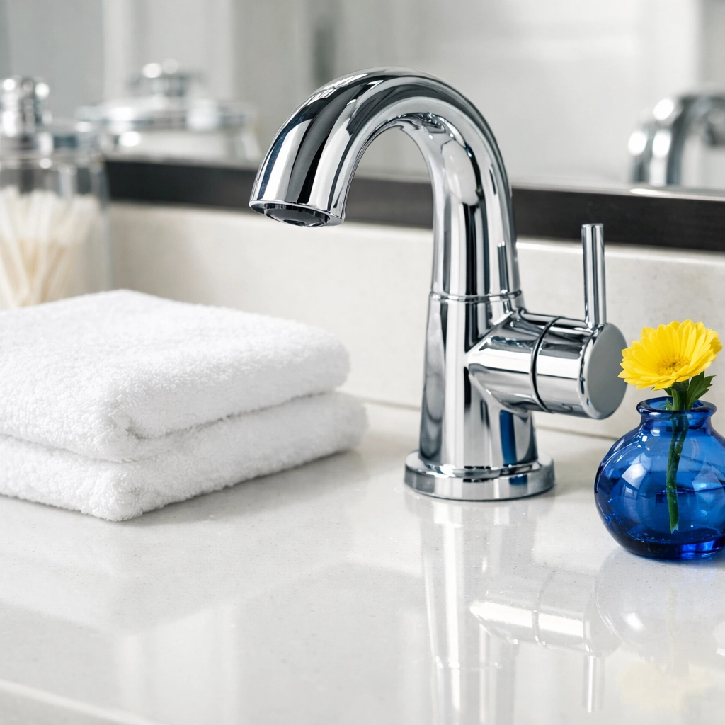 Detailed view of a sanitized bathroom vanity maintained by bi-weekly house cleaning East Harwich MA.