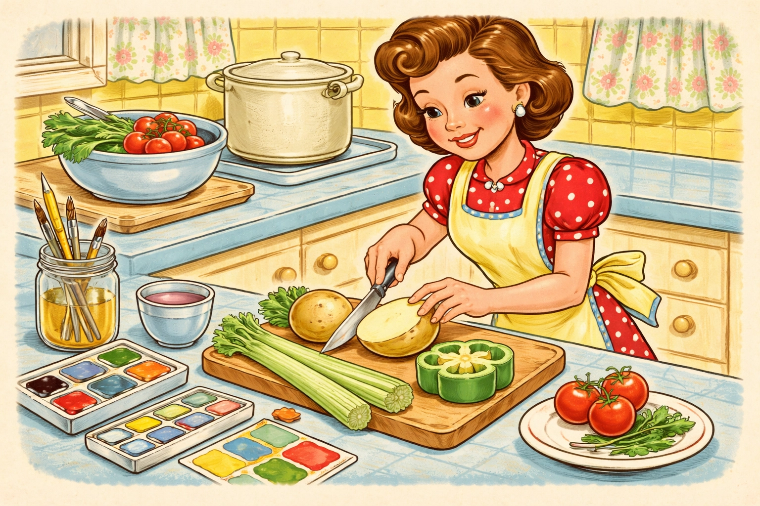 Adult preparing vegetables by slicing potatoes, bell peppers, and celery for kids' print stamping crafts