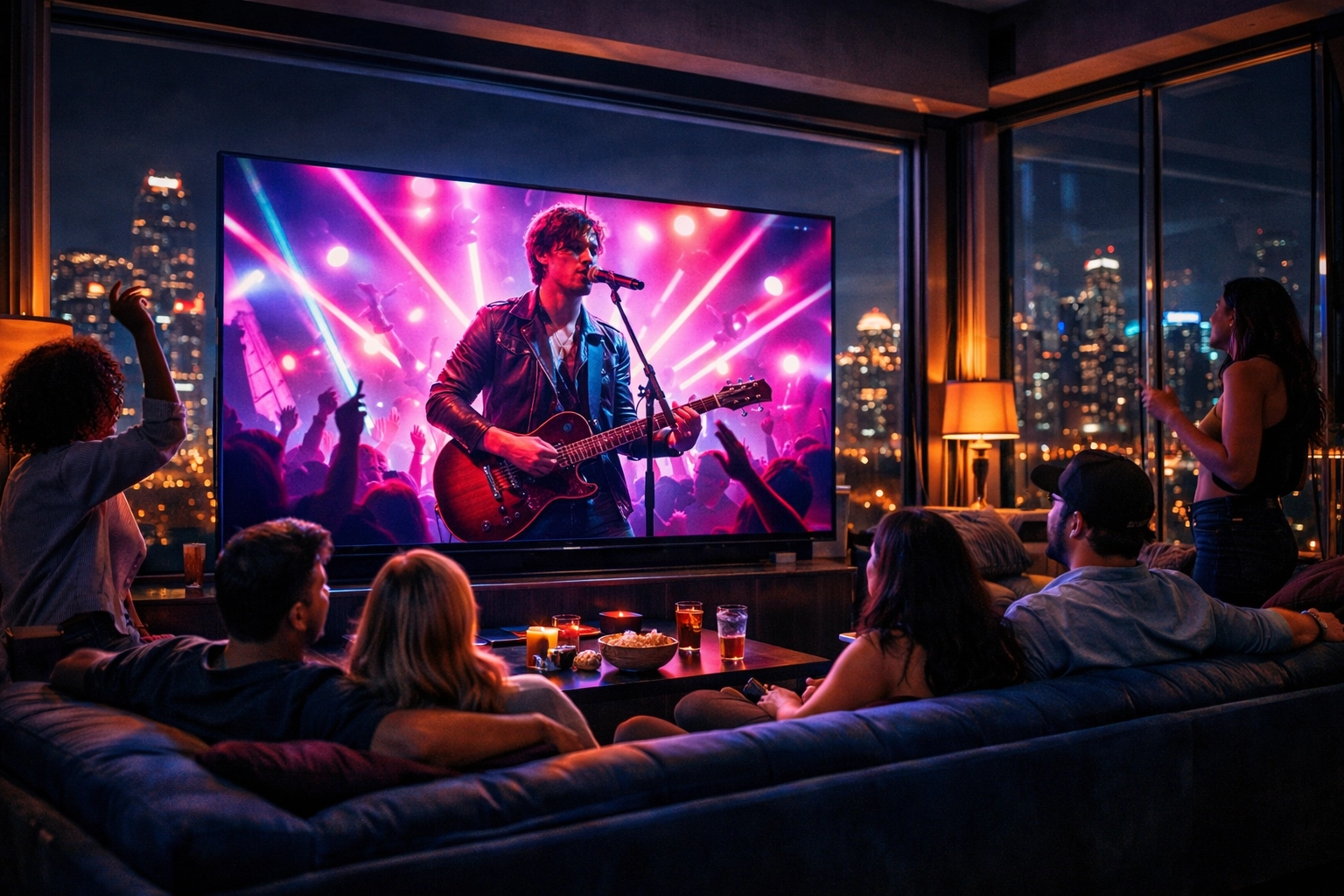 Independent artist music video playing on a large screen Roku TV in a modern living room with fans.