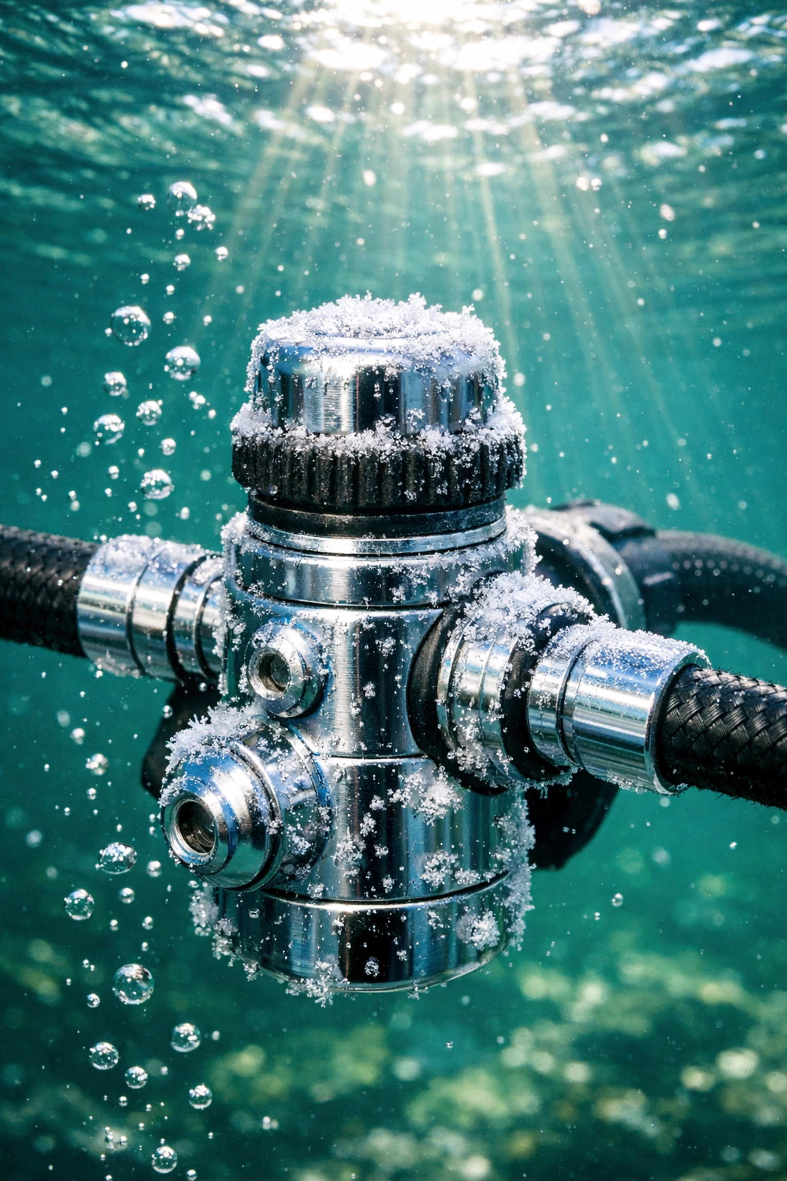 Vereiste erste Stufe eines Atemreglers beim Kaltwassertauchen im See mit sichtbaren Eiskristallen.