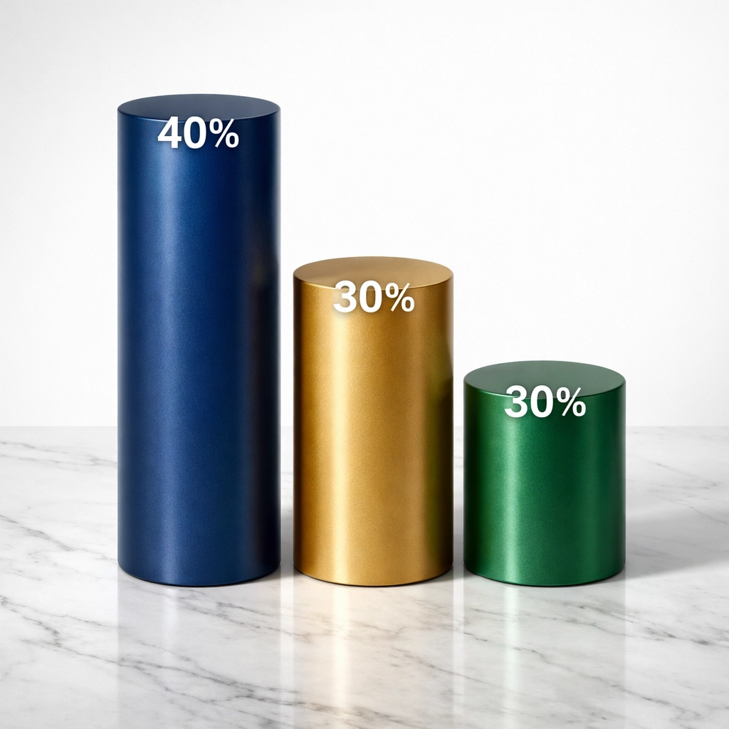 40/30/30 portfolio allocation model with three pillars representing equities, bonds, and alternatives