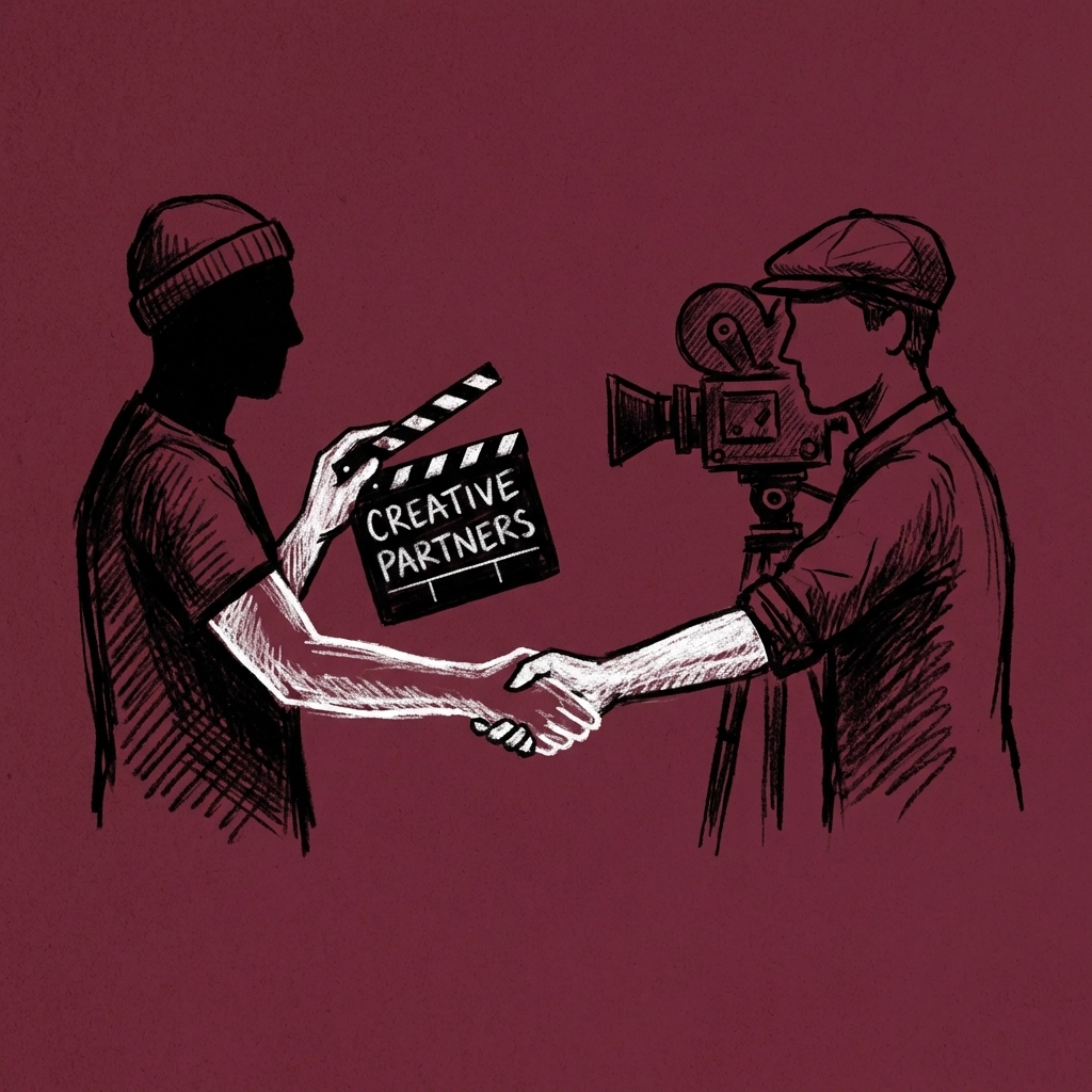 Illustration of a filmmaker shaking hands with a photographer, representing creative collaboration on IncluHub.