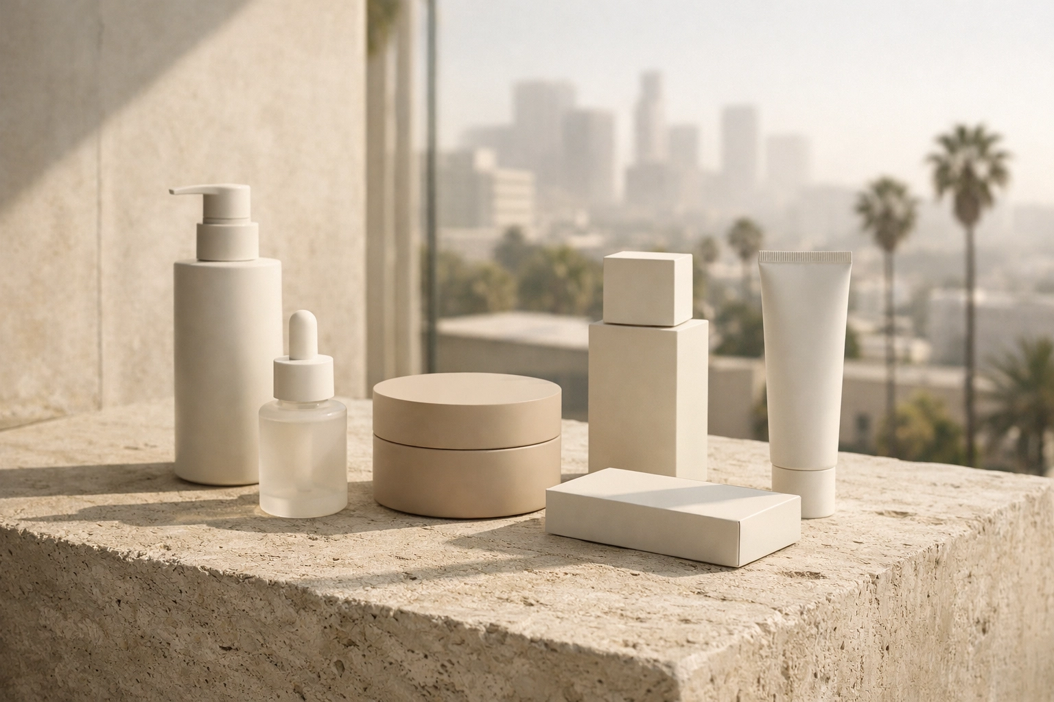 Minimalist gender-neutral K-beauty packaging from Laka displayed in a modern Los Angeles interior.