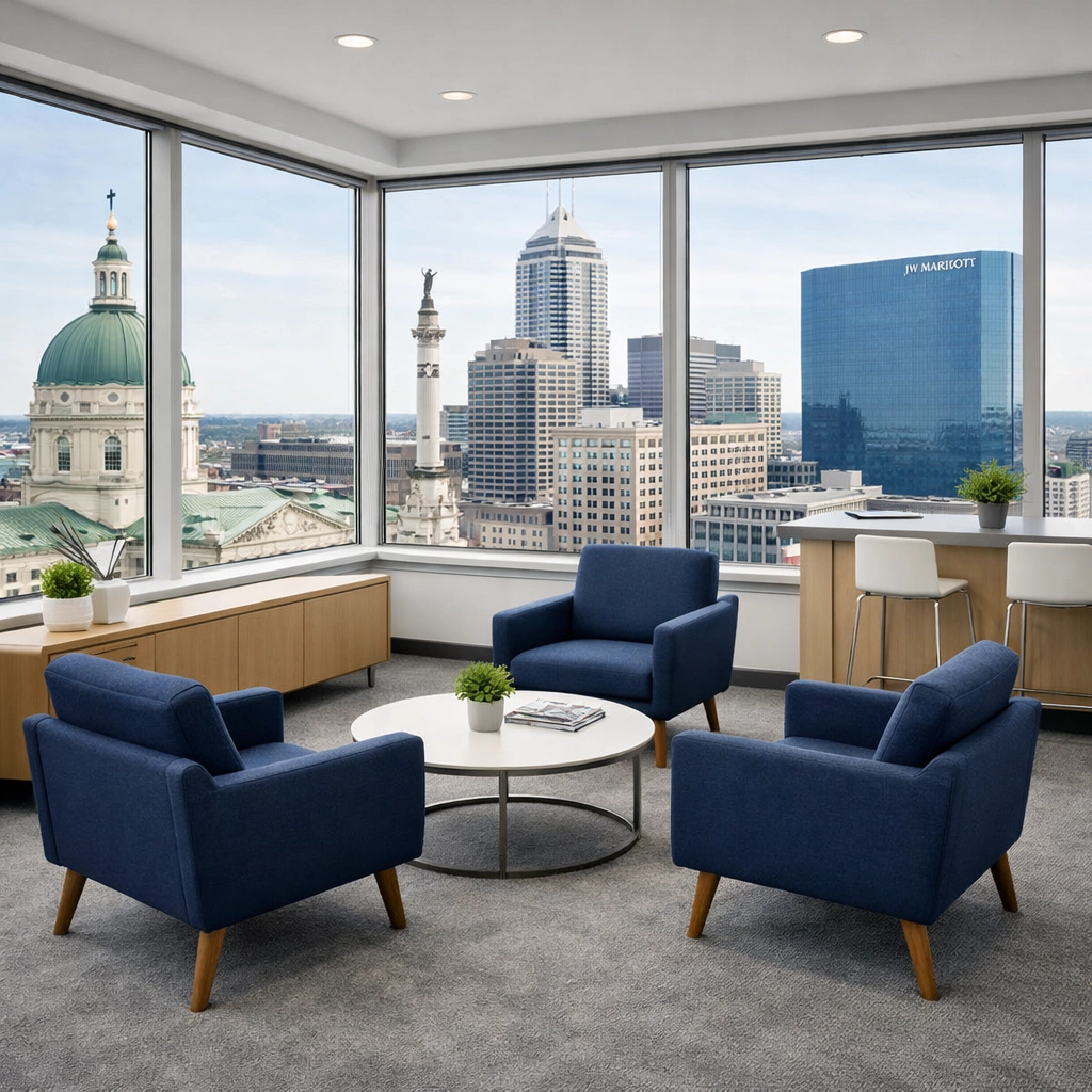 Professionally maintained office lounge in downtown Indianapolis with clean carpets and modern furniture.