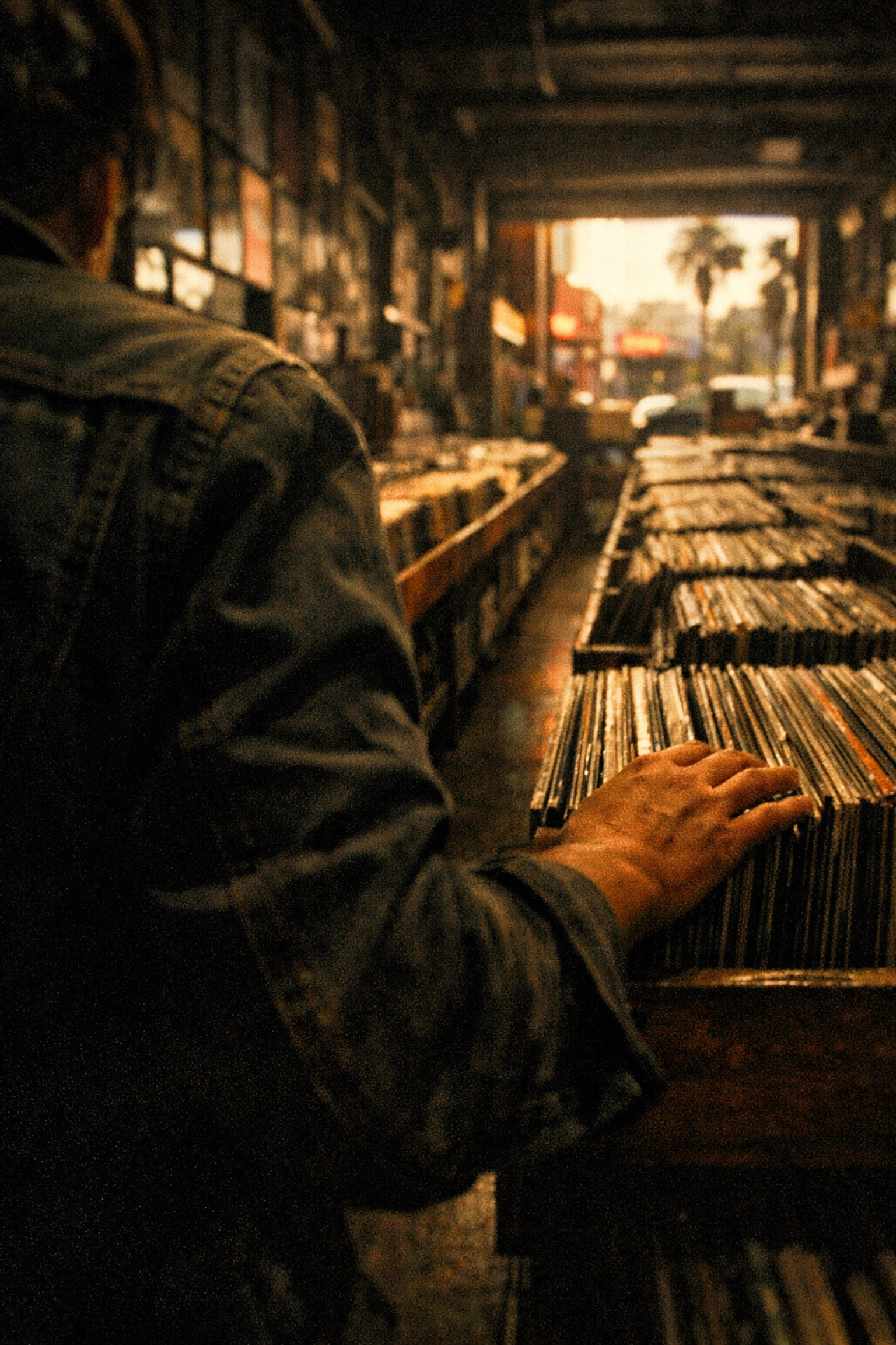 Crate digging for new soul and used vinyl records at a record store in Hollywood Los Angeles.