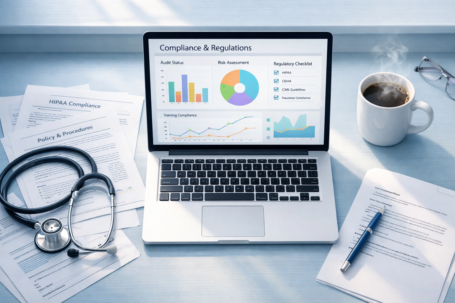 Healthcare compliance documents and charts on office desk with stethoscope