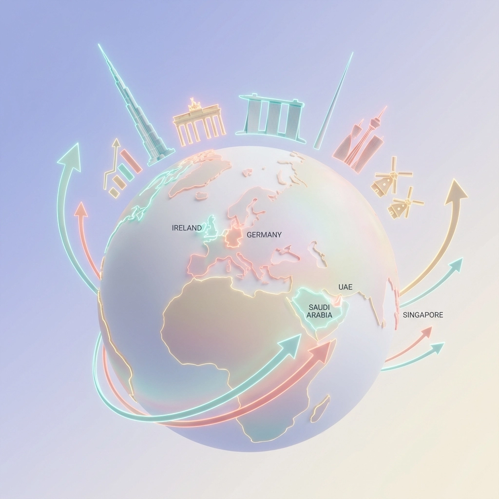 Global opportunities for international graduates with highlighted emerging markets and iconic country landmarks