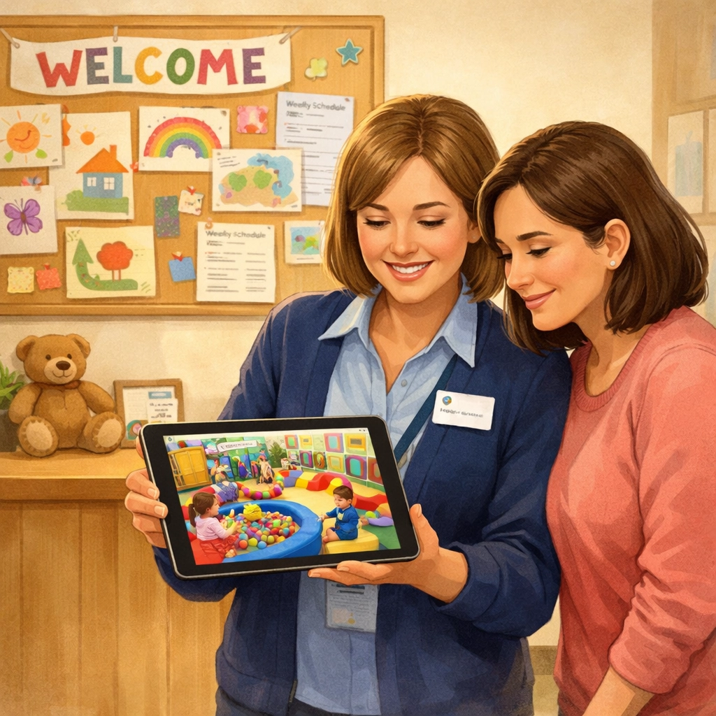 Cardiff nursery manager showing a parent secure live CCTV footage of the play area on a tablet.