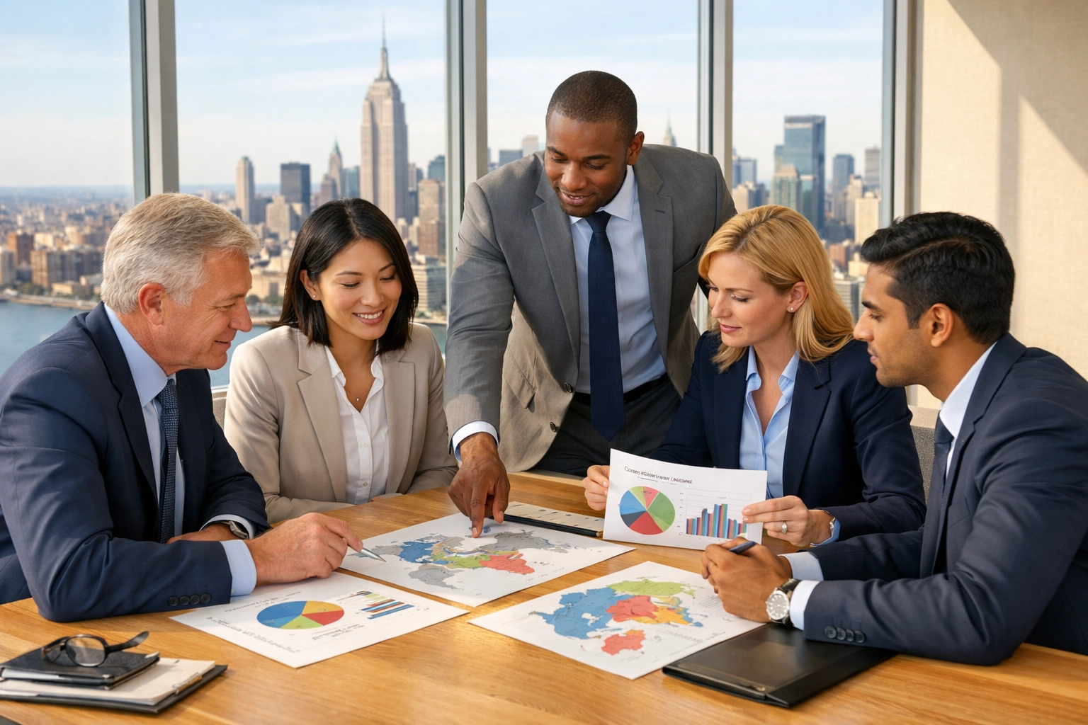 Diverse business strategists collaborating on market localization and global expansion plans in a modern office.