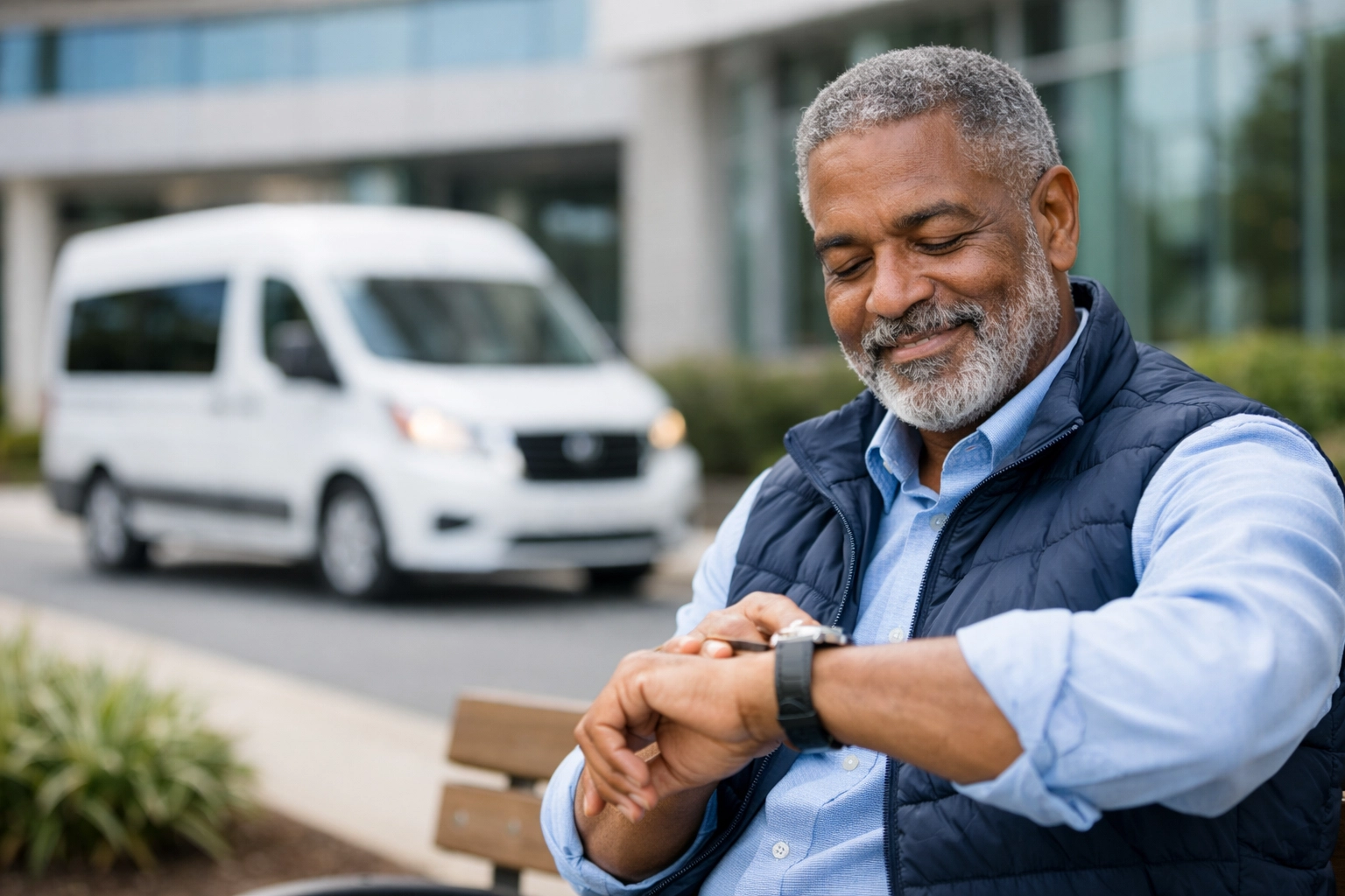 A senior waiting outside a clinic for his reliable non emergency medical transportation in Raleigh.