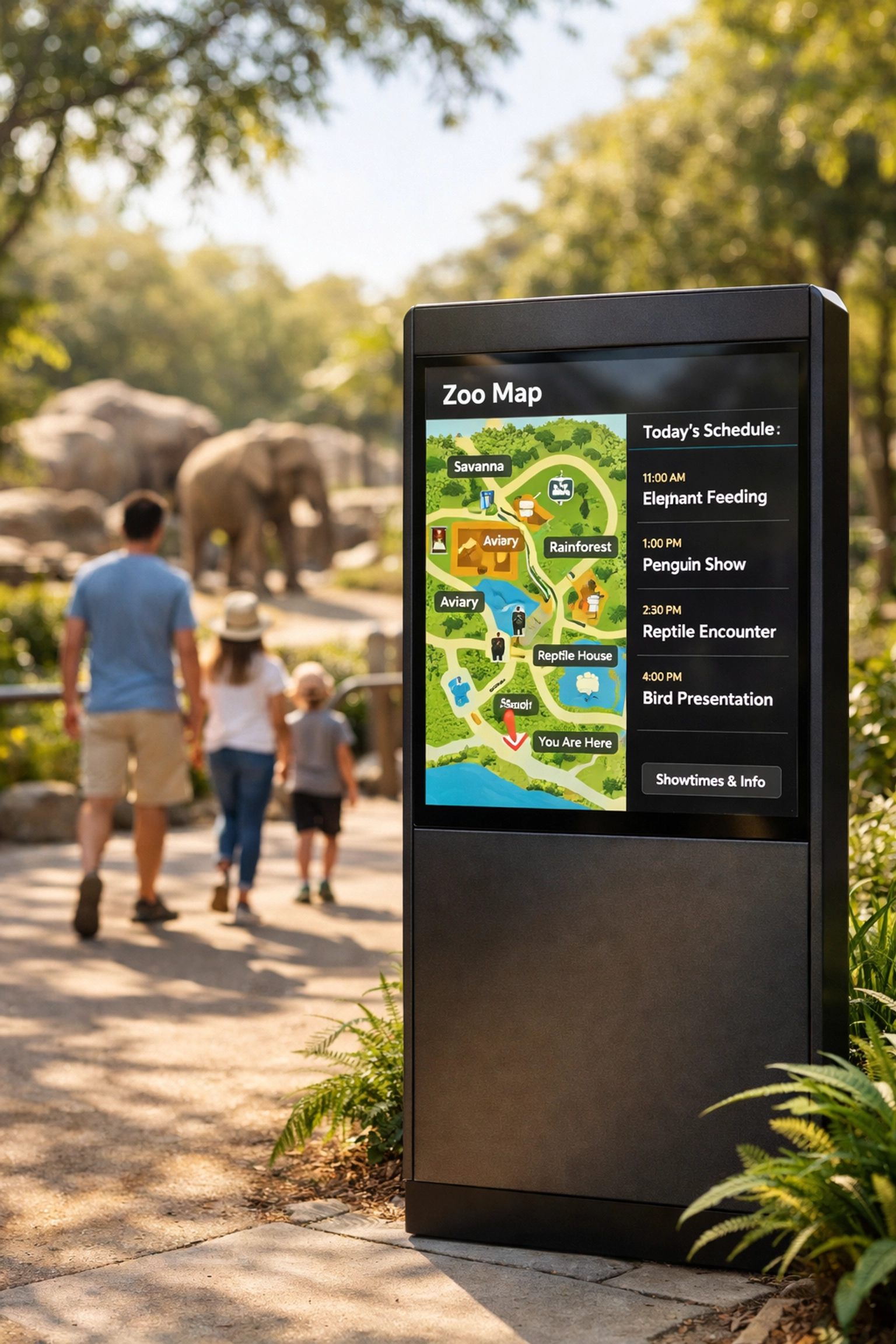 Interactive digital kiosk at a zoo providing real-time maps and schedules to enhance the visitor experience.