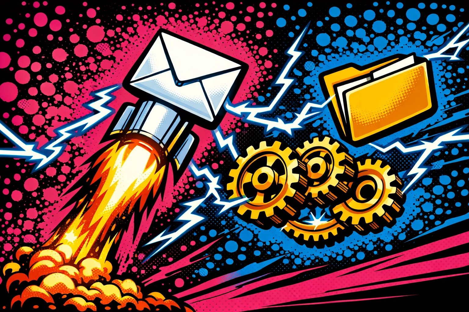 Illustration of small business workflow automation syncing emails, gears, and invoicing tasks.