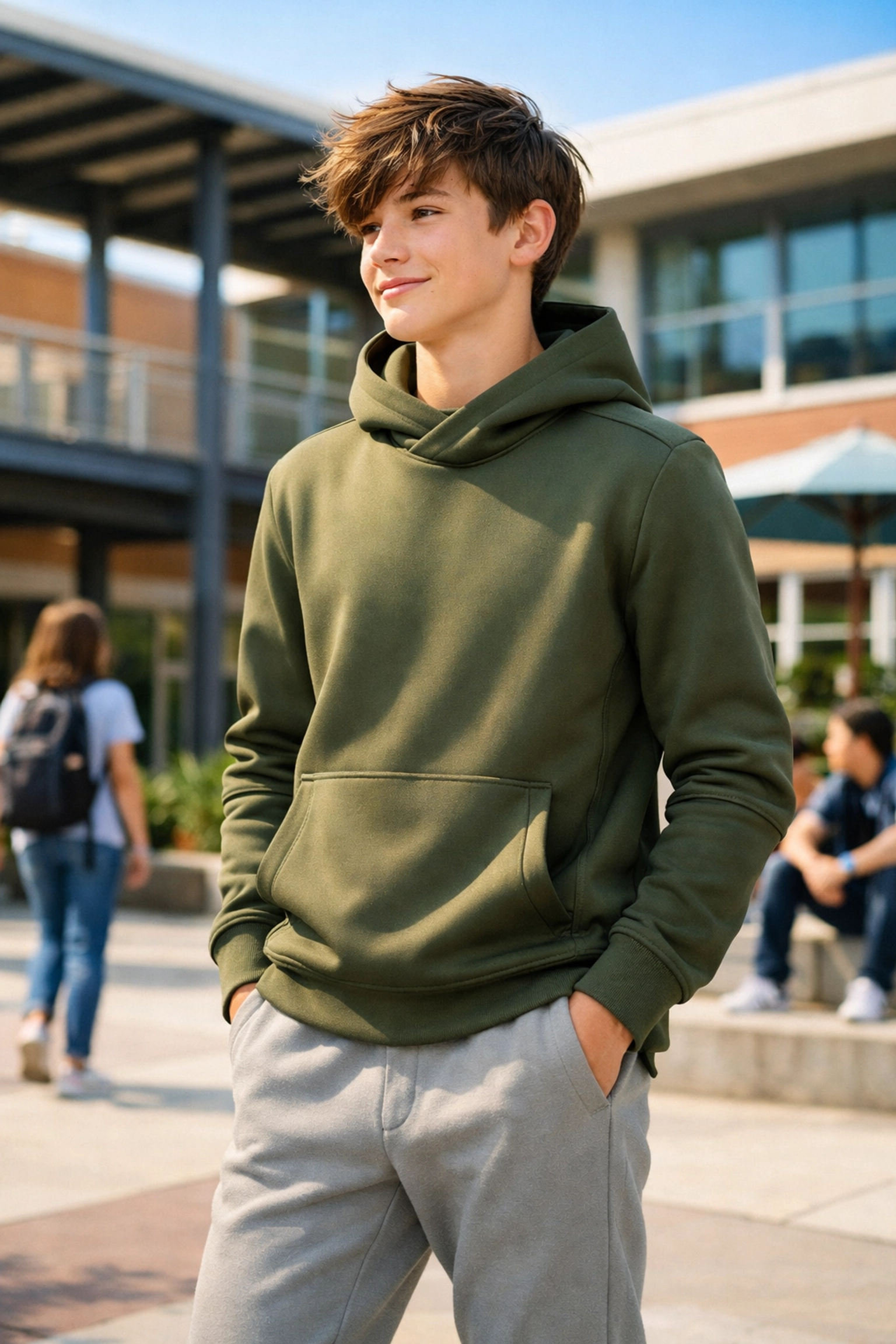 Teenager wearing stylish olive green sensory friendly clothing that looks like modern streetwear.
