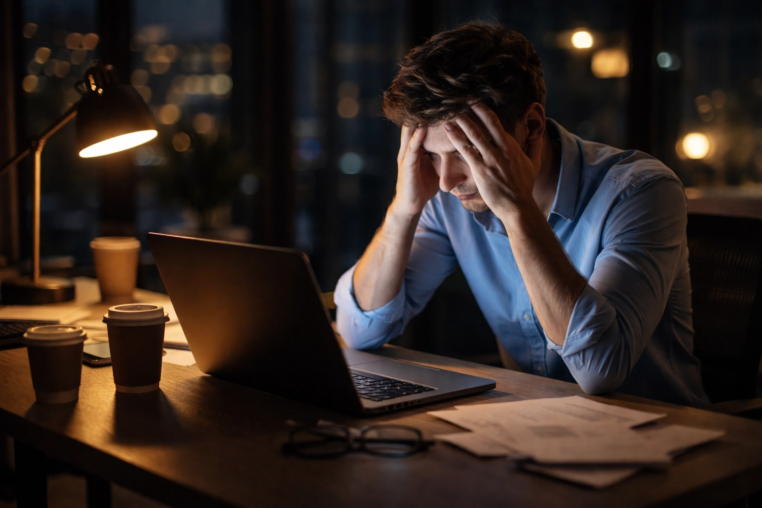 A stressed young founder sits alone in a dark office, reflecting the hidden mental health cost of building a startup.