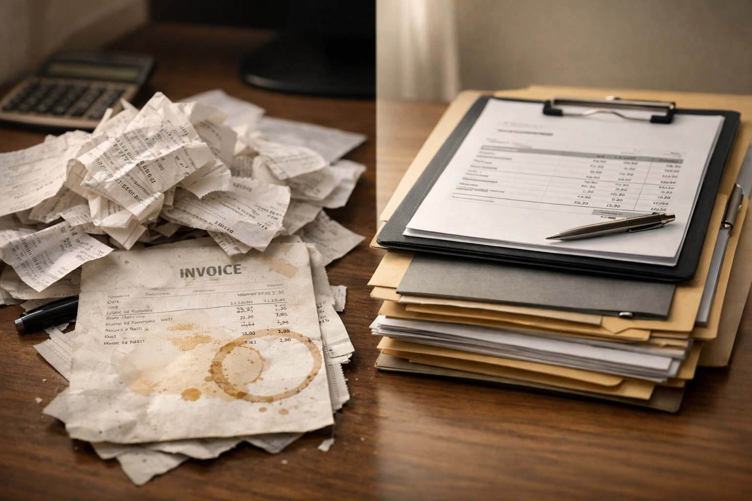 Disorganized receipts and invoices showing poor data quality in bookkeeping records