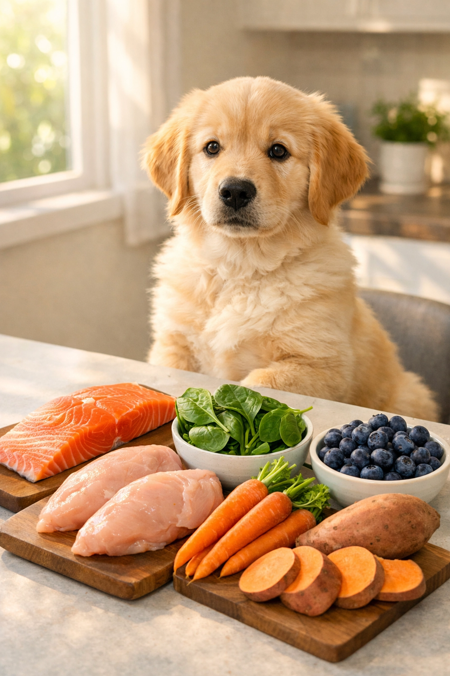Golden Retriever puppy with fresh whole foods including salmon, chicken, and vegetables