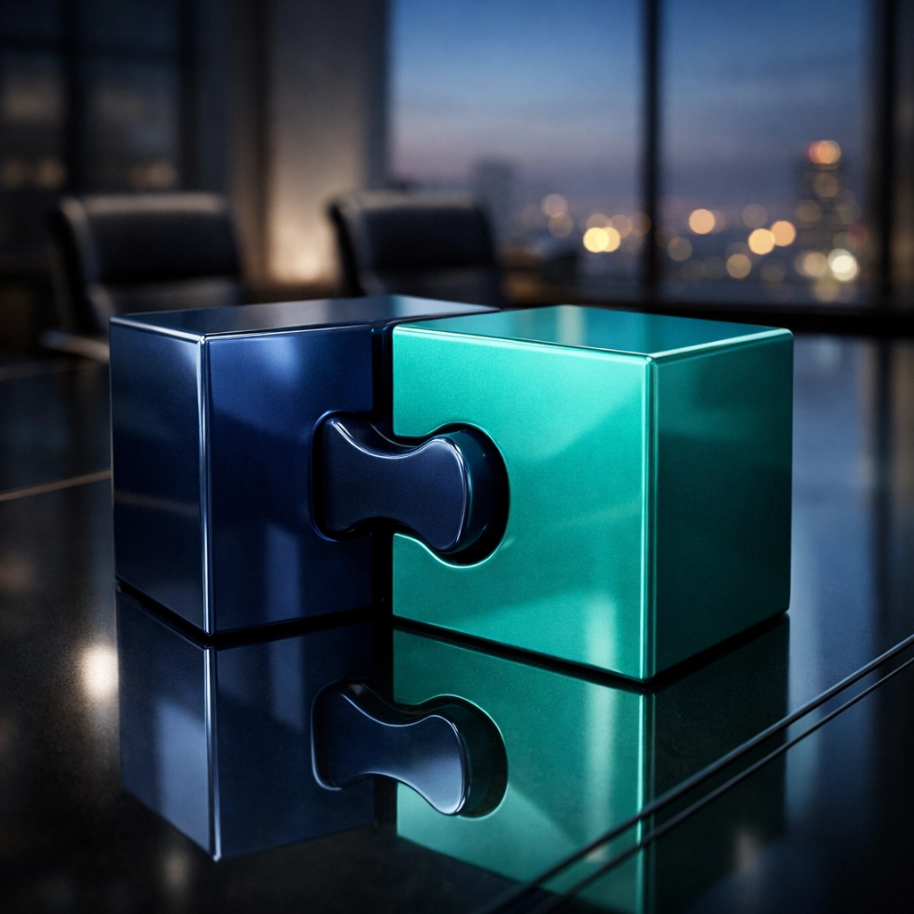 Navy and teal interlocking shapes symbolizing integrated HR support for small business contract compliance.