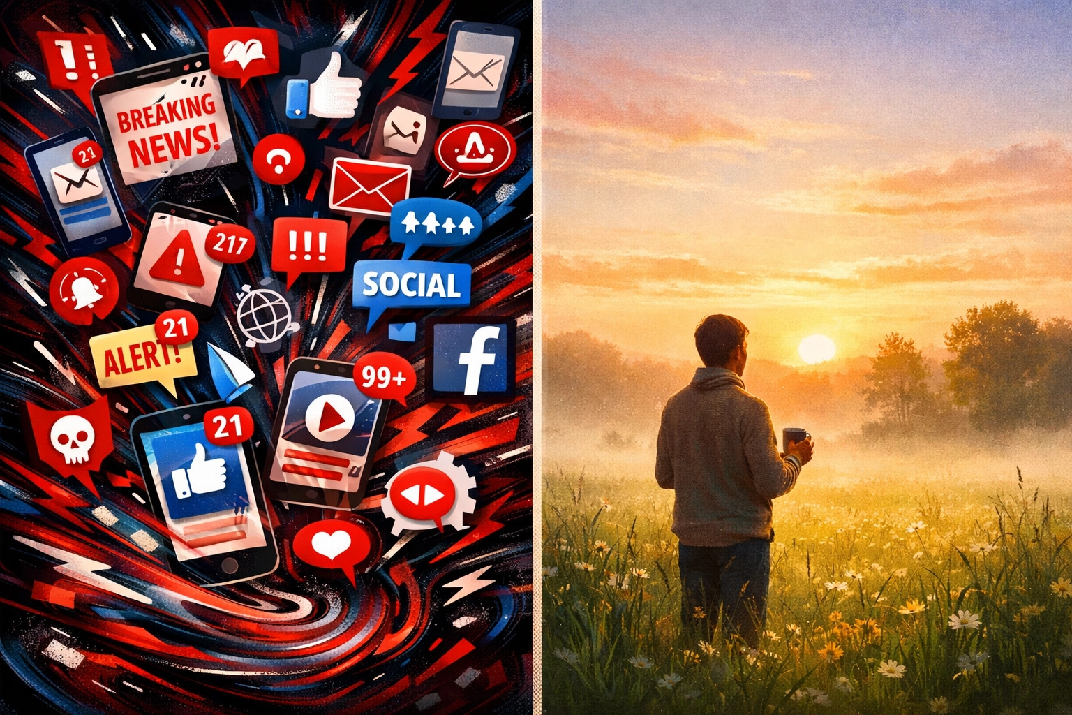 Chaotic news notifications contrasted with calm morning mindfulness and intentional information