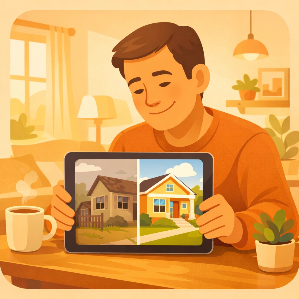 Homeowner viewing project results on a before and after photo app via contractor software.