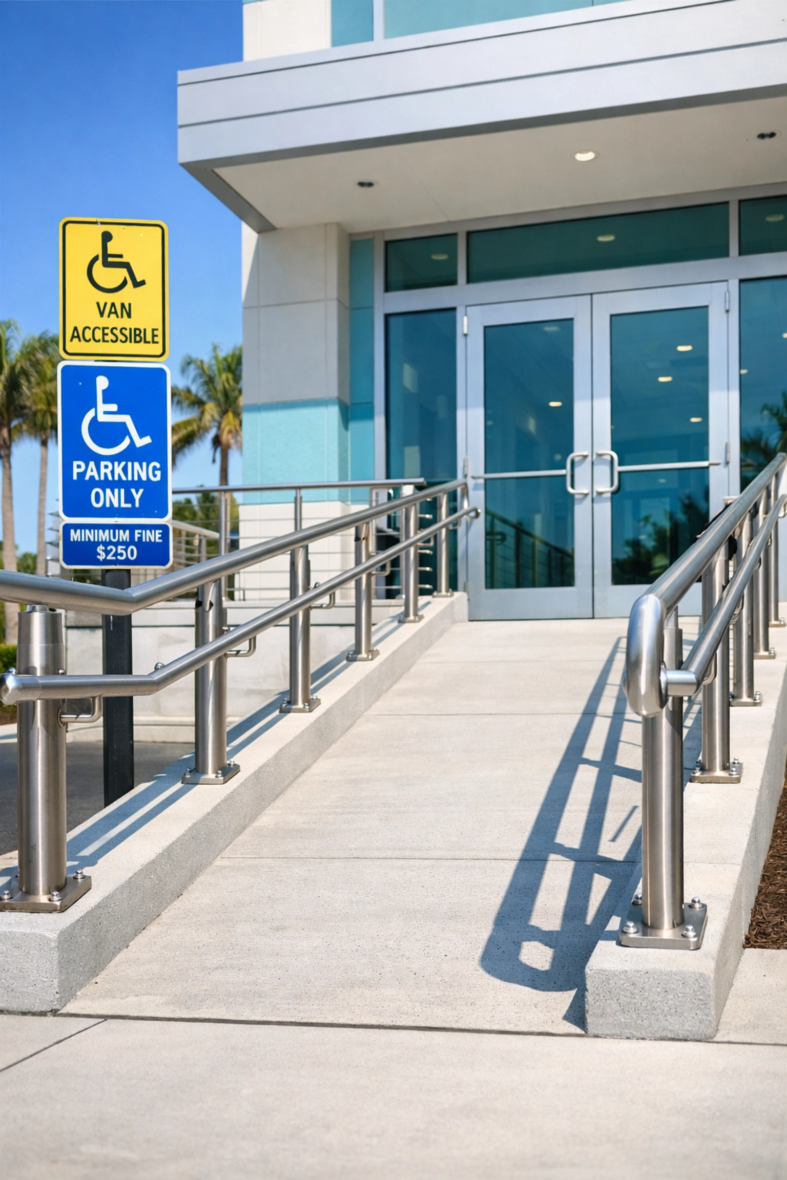 ADA-compliant building entrance with accessible ramp in Florida commercial property