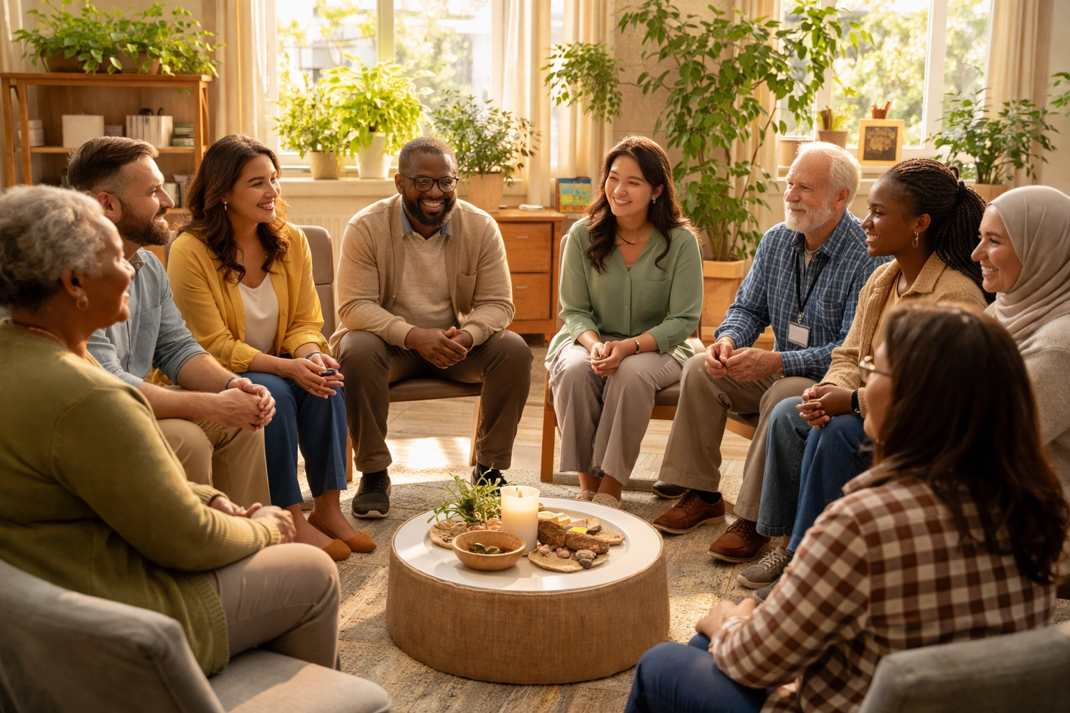 School staff engaged in a restorative circle, fostering trust, support, and burnout prevention practices.
