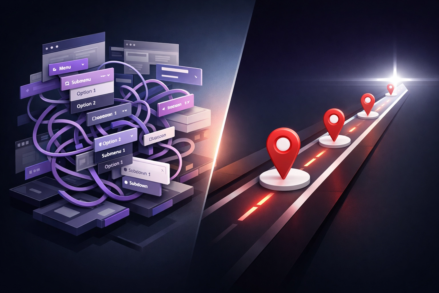 Complex website navigation structure simplified into clear user pathway for improved conversions