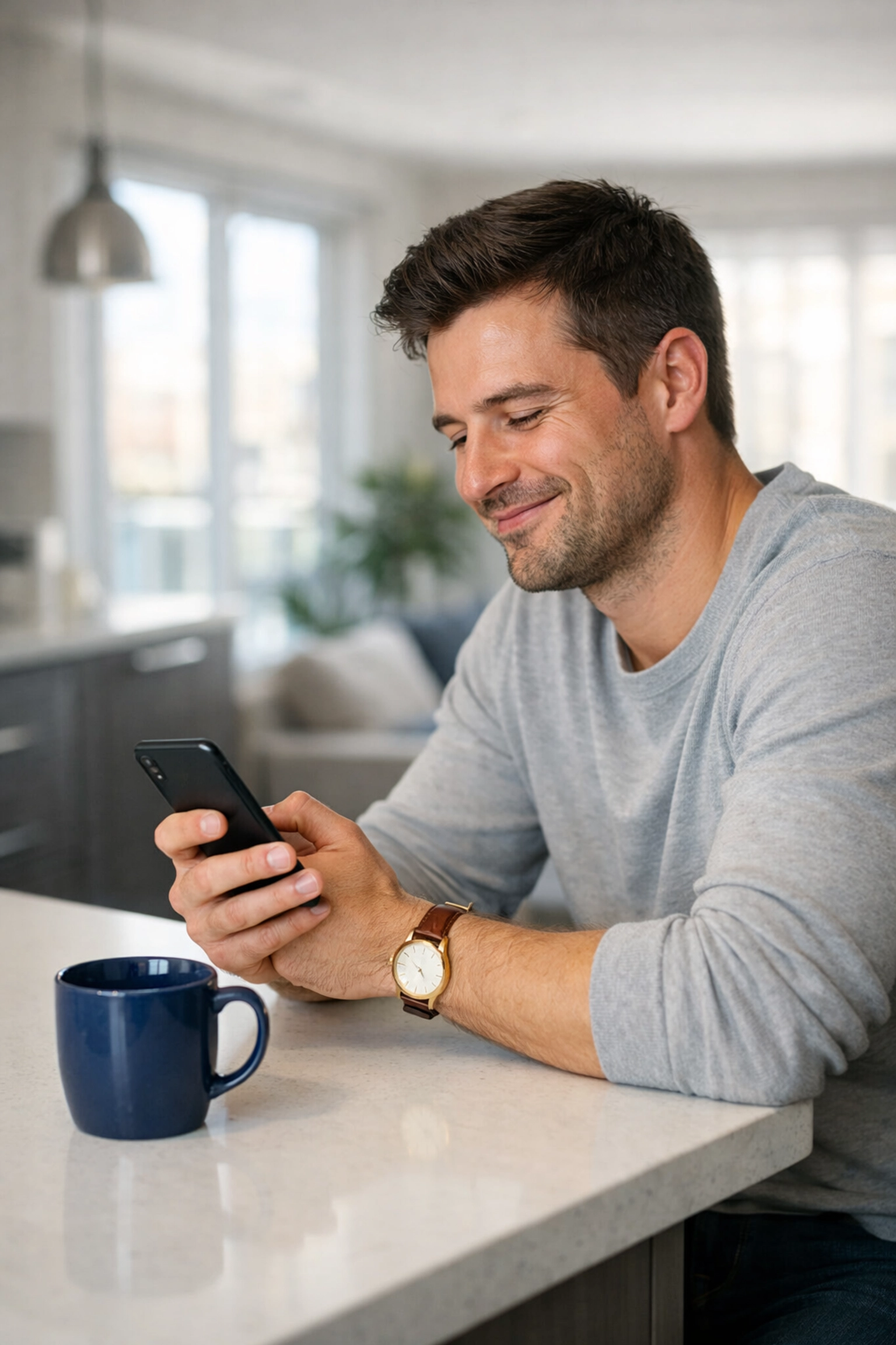 Relieved man in Ontario home using smartphone for online payday loans Ontario approval.