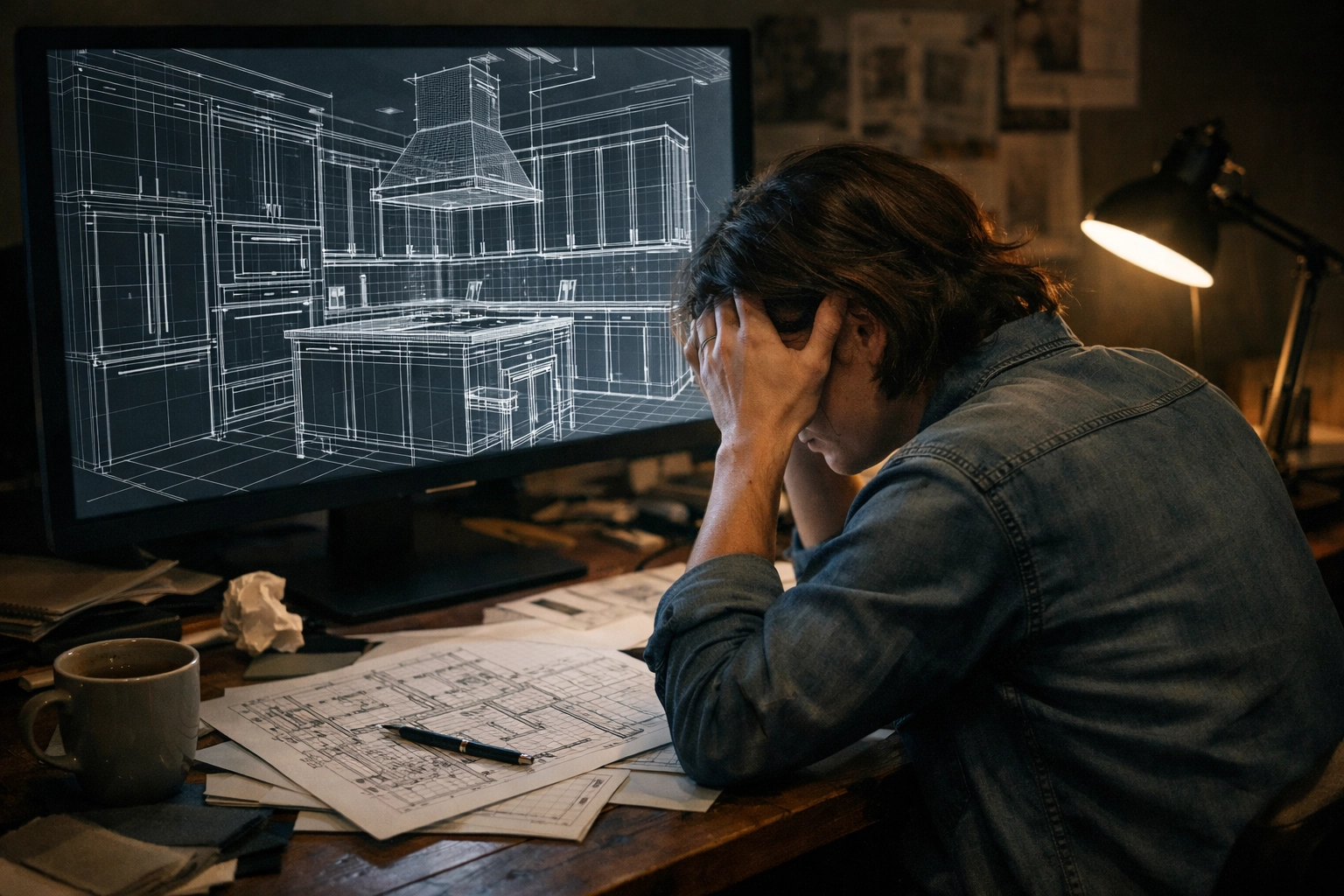 Frustrated interior designer working on a complex CAD kitchen wireframe at a desk.