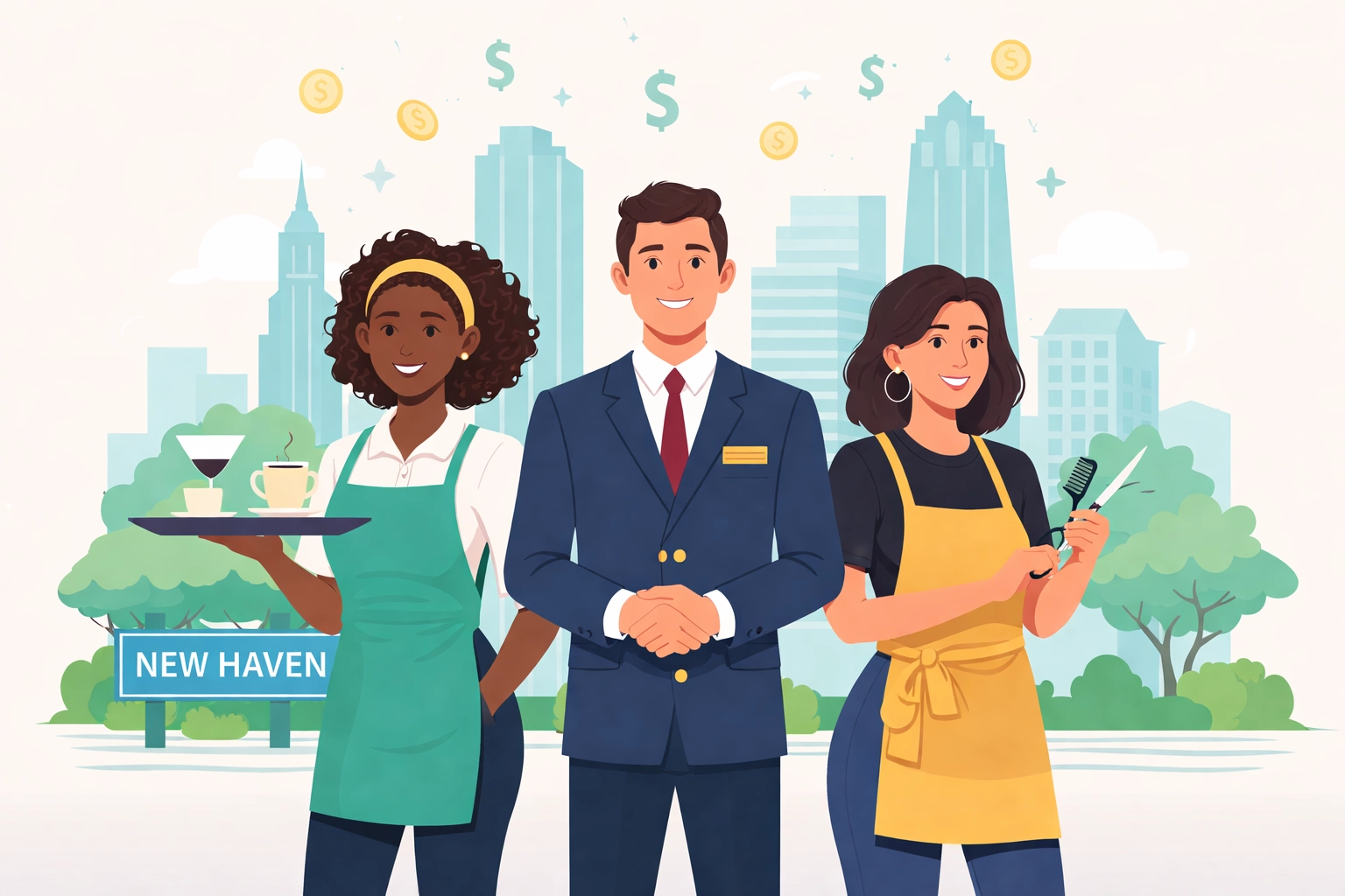 Diverse New Haven service workers including server, concierge, and hairstylist symbolizing tip and overtime tax proposals
