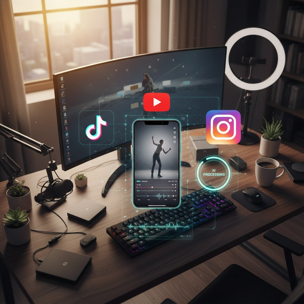 A modern content creator's workspace featuring a high-tech setup with a curved monitor, professional microphone, and glowing keyboard. Prominent icons of TikTok, YouTube, and Instagram hover around a smartphone displaying video editing, highlighting the integration of AI processing in the creative workflow.


