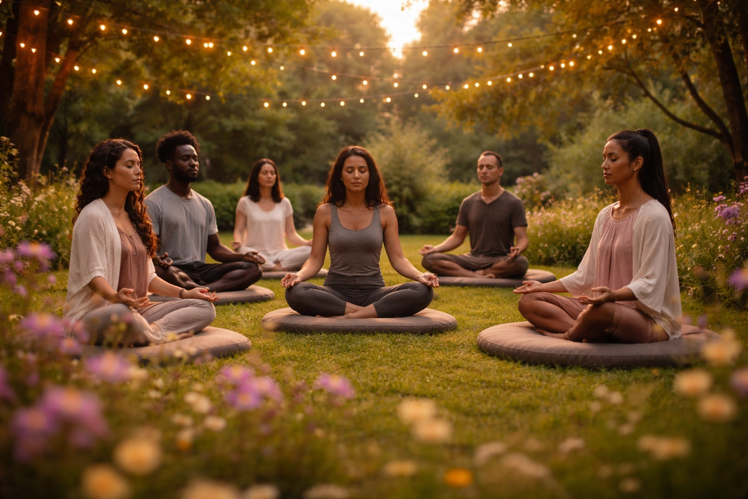 Peaceful diverse meditation group in a garden, representing inclusive secular community support