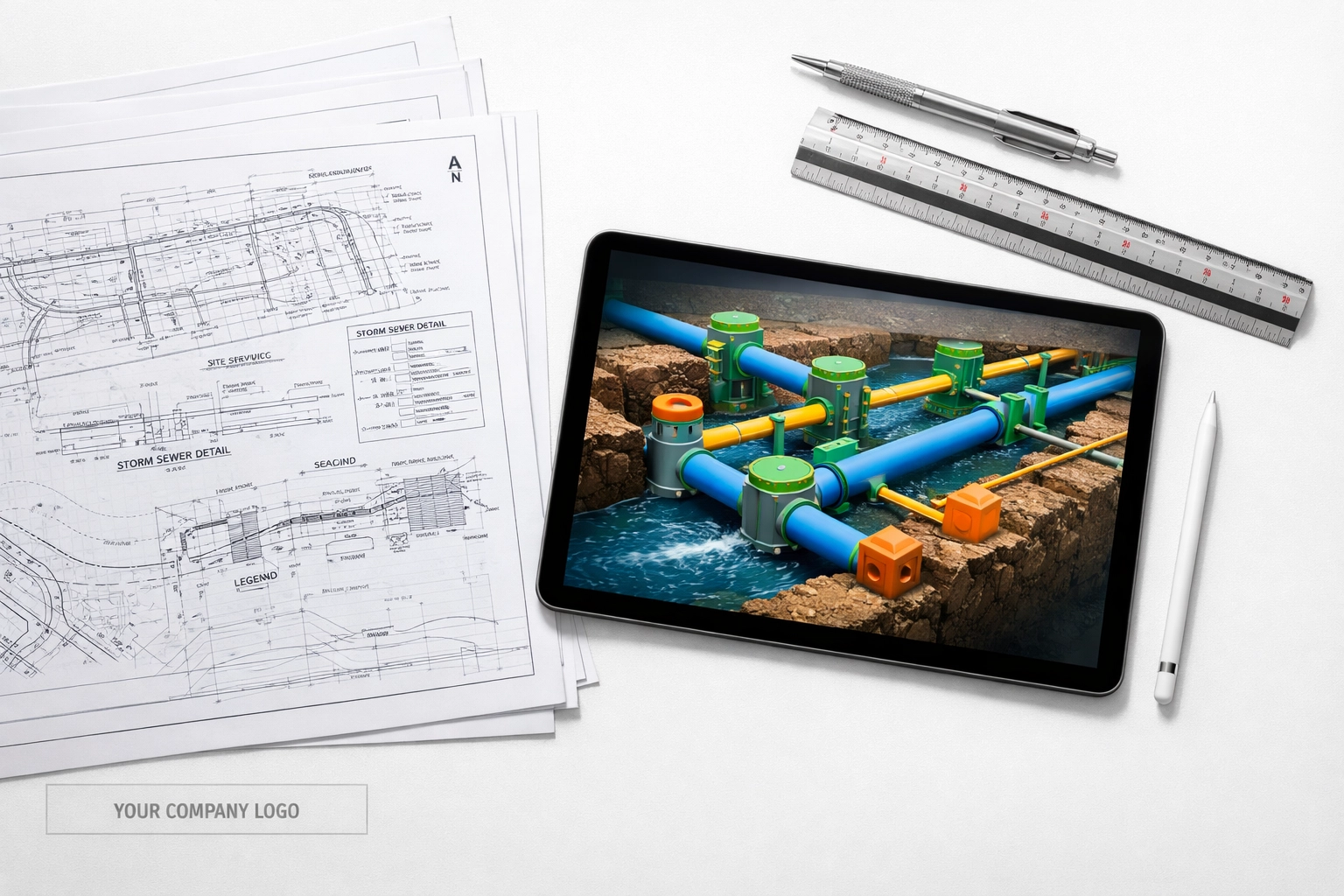 Sealed civil engineering permit drawings and site servicing plans for municipal review.