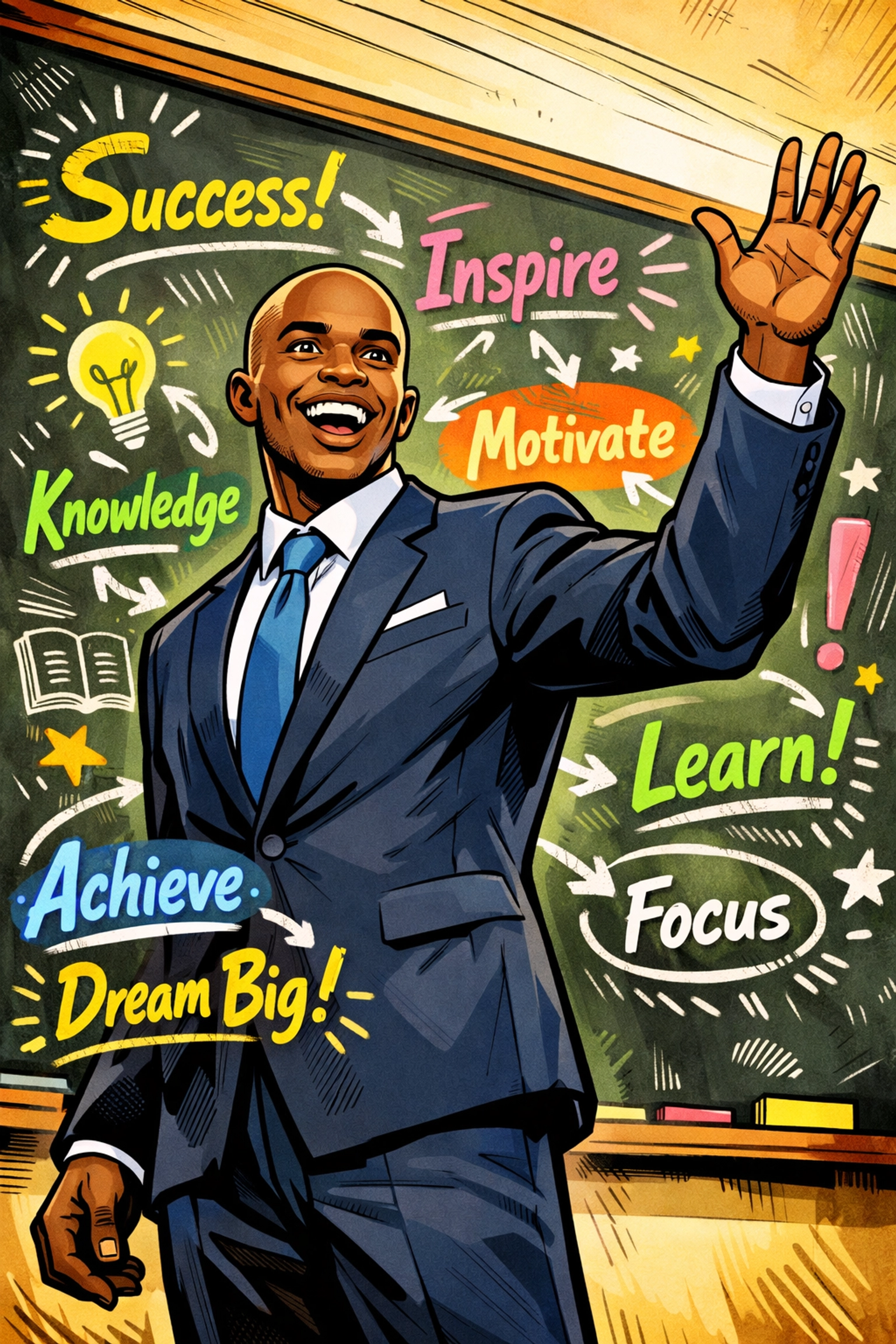 Professor Antonio teaching vocabulary and literacy at chalkboard in professional suit