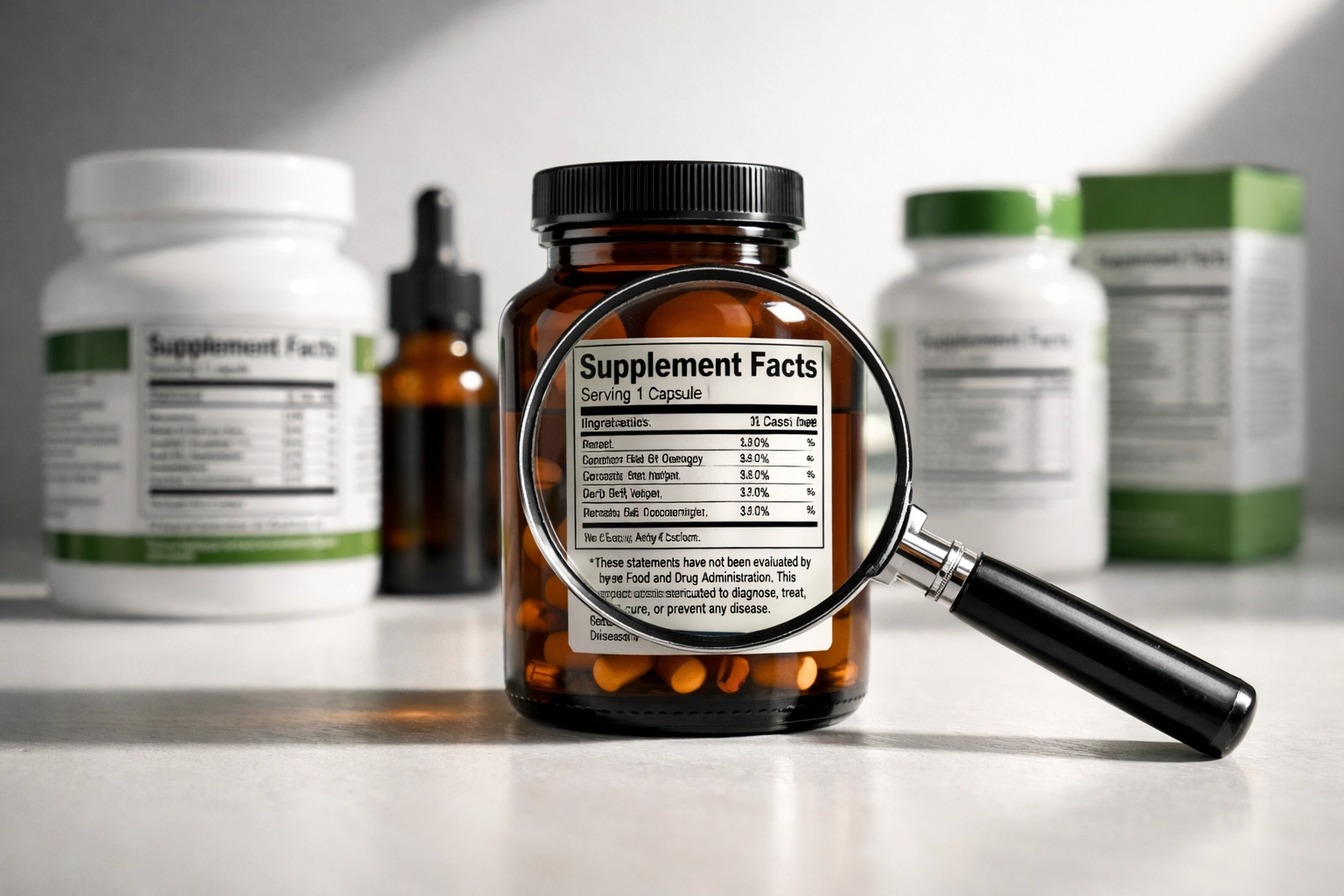 Health supplement bottles with compliant labeling and supplement facts panels under review
