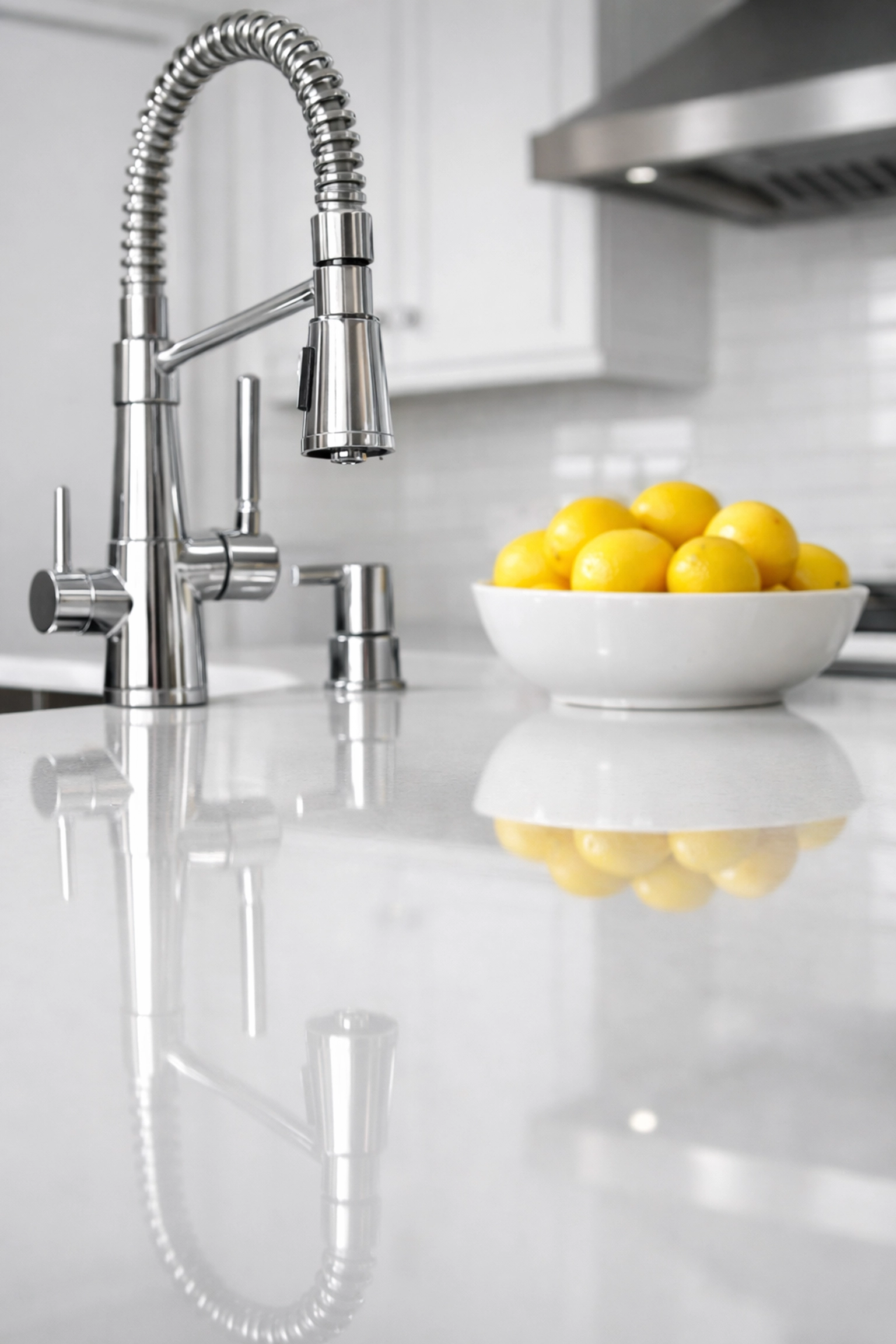 Shiny white quartz kitchen island showing the results of professional Foxborough luxury house cleaning.