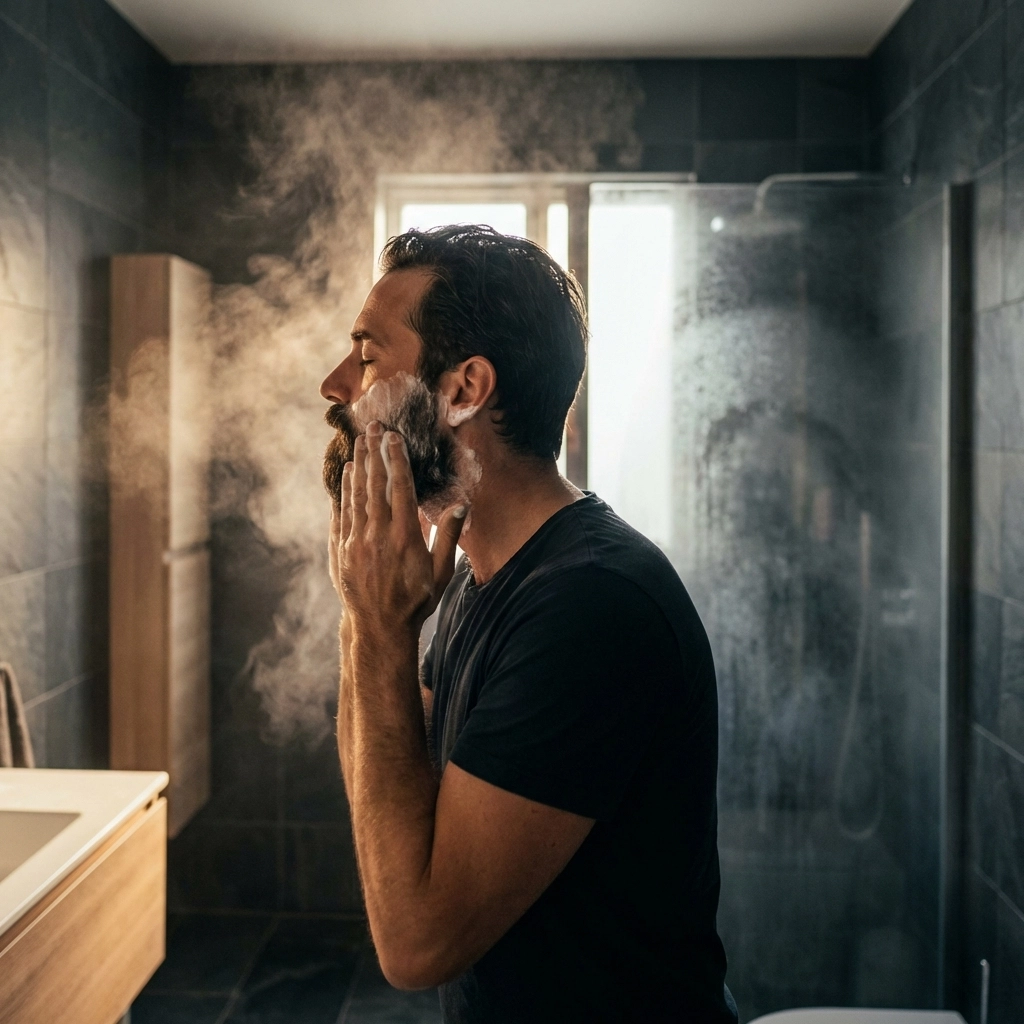 Man massaging thick lather from a solid beard wash bar into his facial hair in the shower.