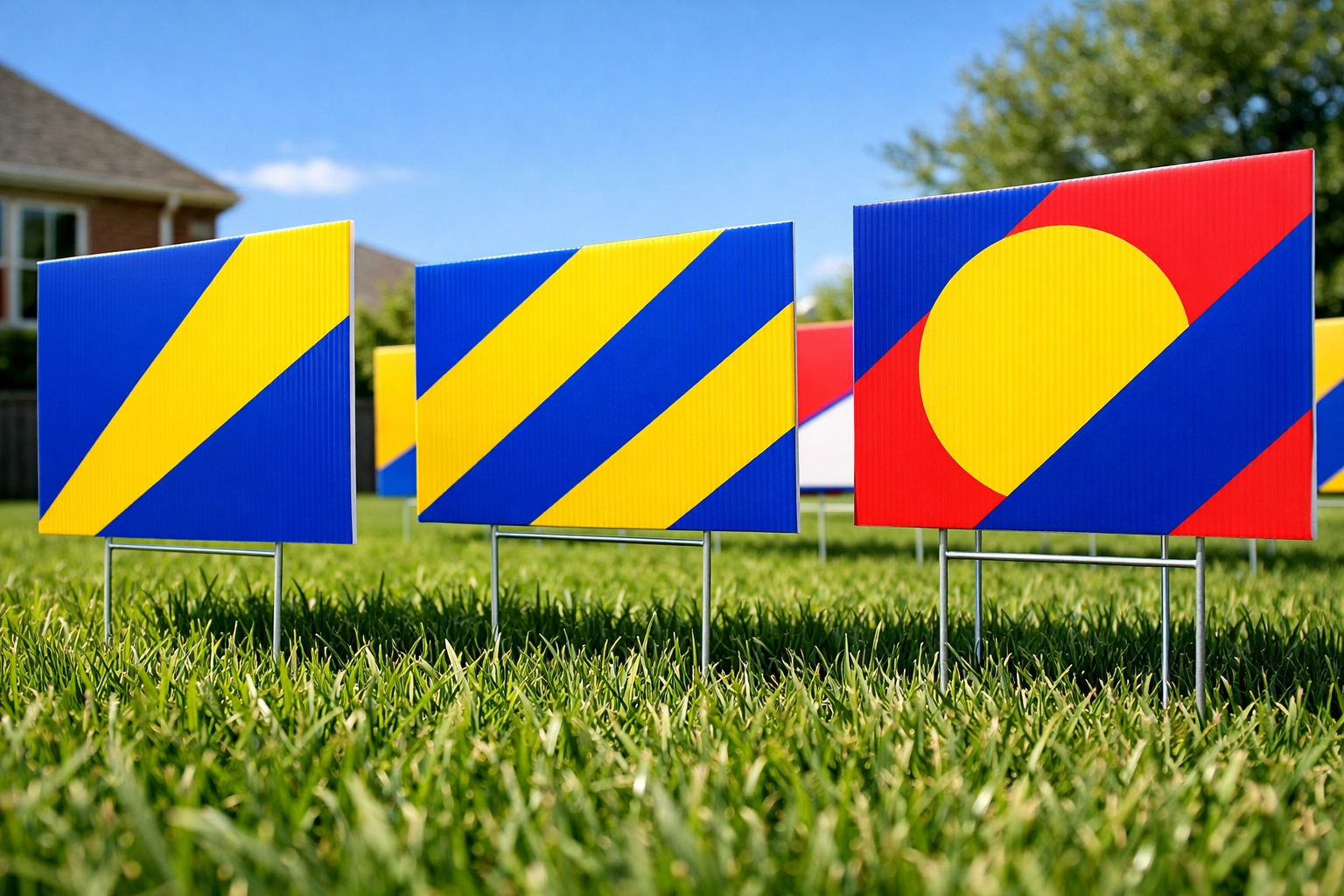 Professional custom yard signs for local businesses placed in a green residential lawn in Terrell, Texas.