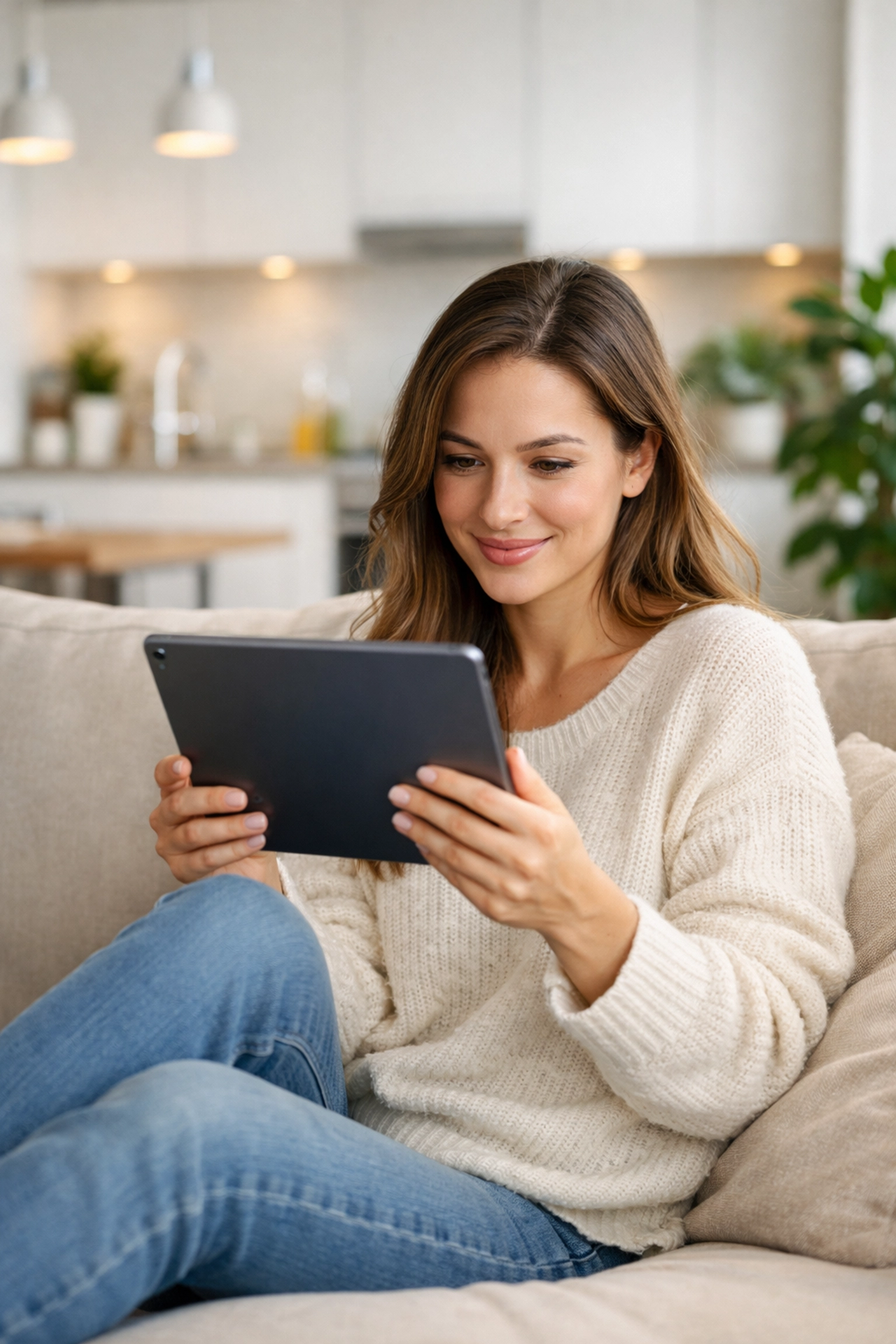 A first-time buyer excitedly searching for shared ownership property listings on a tablet at home.