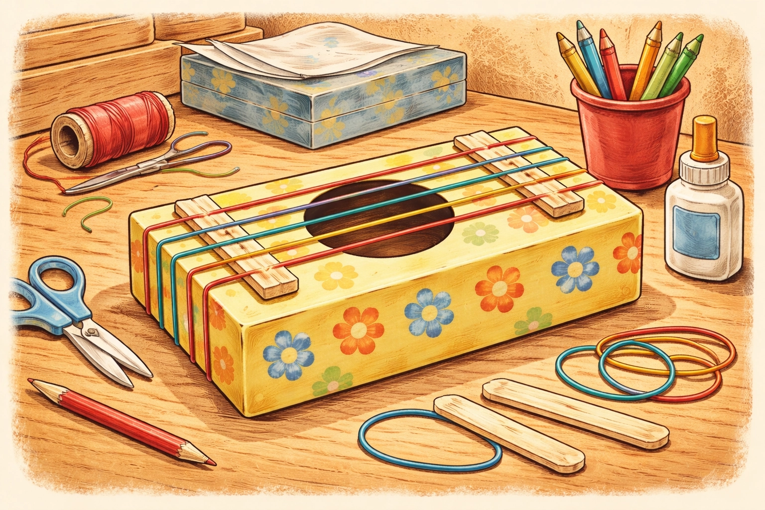 Tissue box with colorful rubber bands stretched over popsicle stick bridges for a homemade guitar project