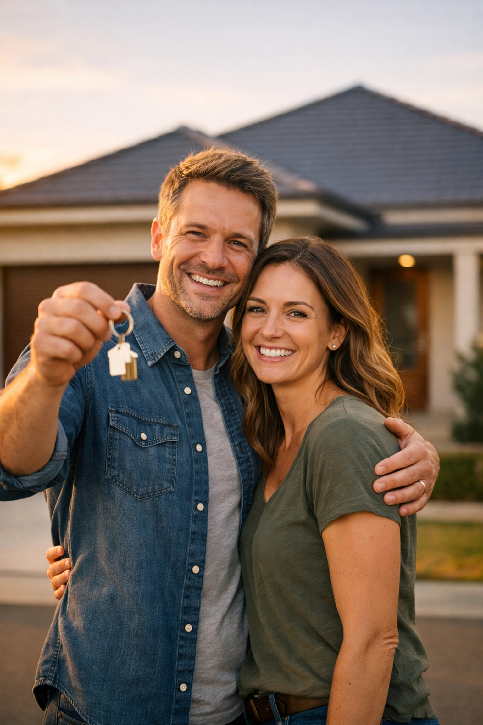Happy couple holding keys in front of their newly purchased Sydney home