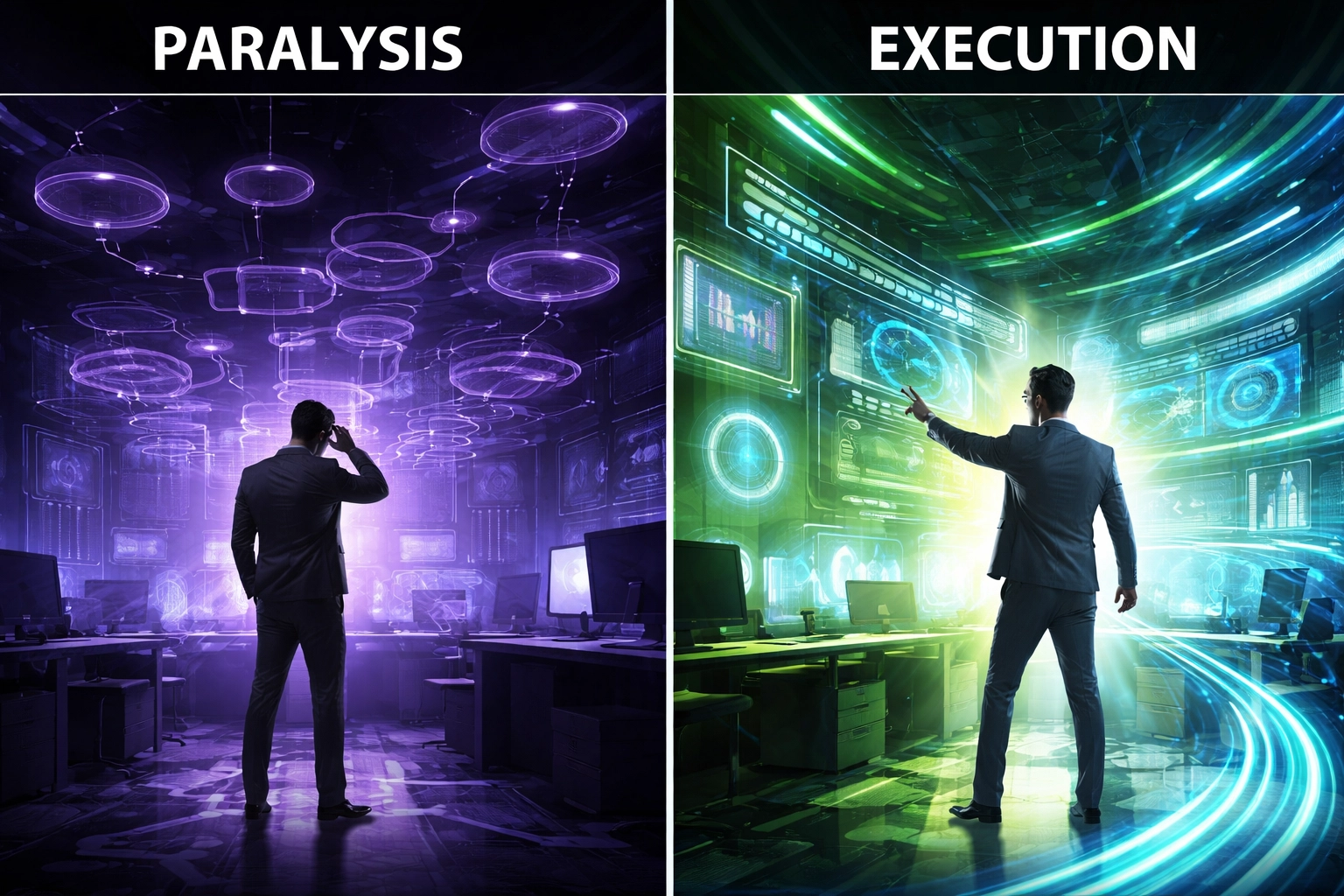 Split view of workplace paralysis versus energetic AI-powered execution, emphasizing the value of action over strategy.