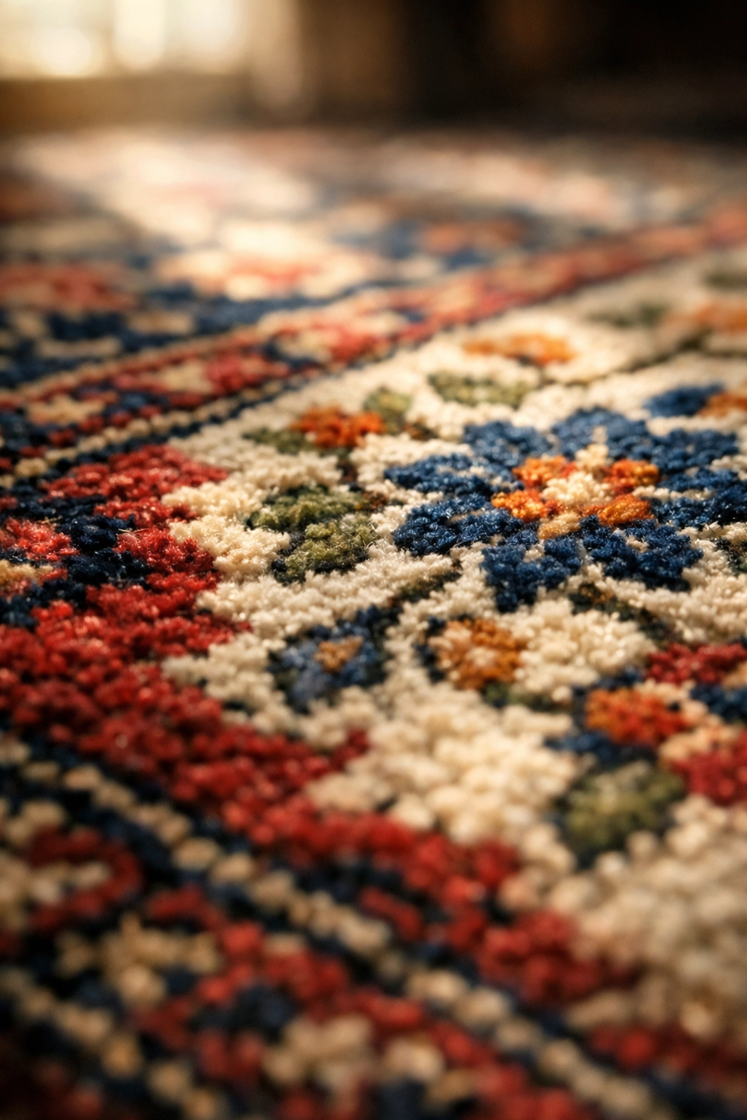Detailed view of hand-knotted fibers showing why professional oriental rug cleaning is vital for air quality.