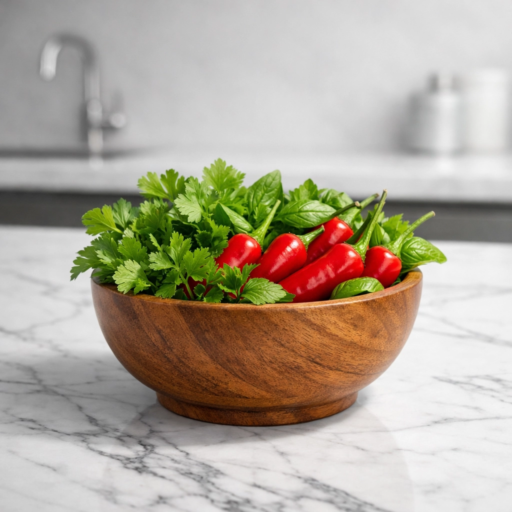 High-CRI LED lighting showing natural color accuracy on a white marble countertop.