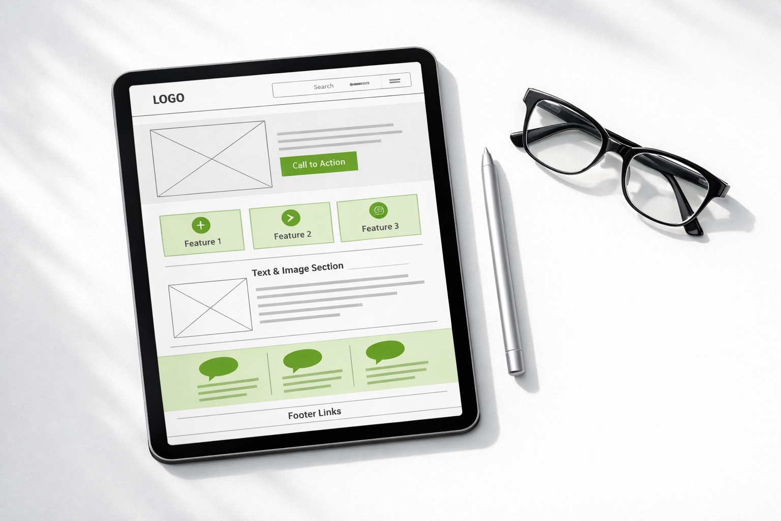 Well-structured website wireframe on a tablet demonstrating SEO-friendly layout and clear content hierarchy.