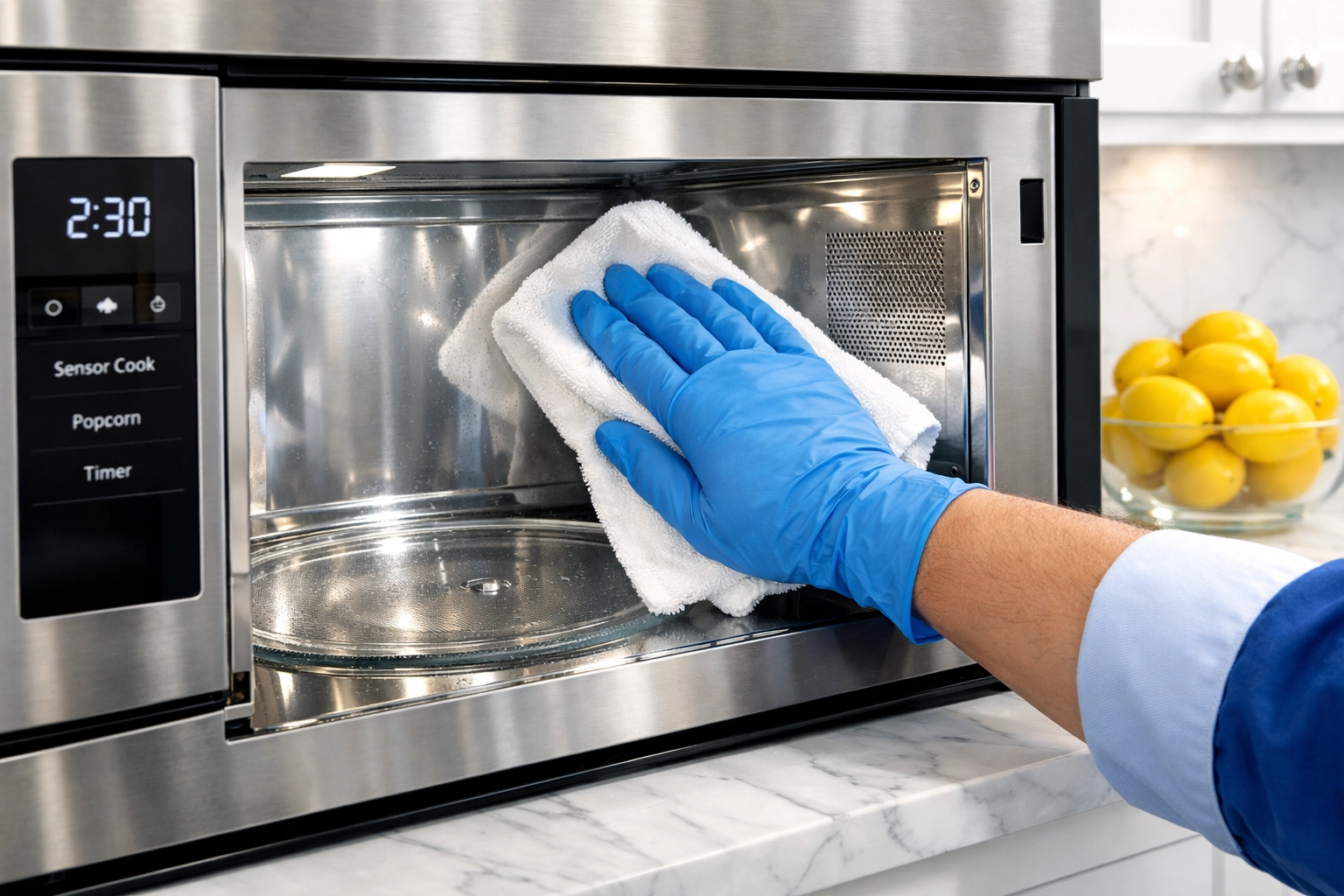 Professional cleaning technician wiping a microwave as part of expert house cleaning services in Lowell.