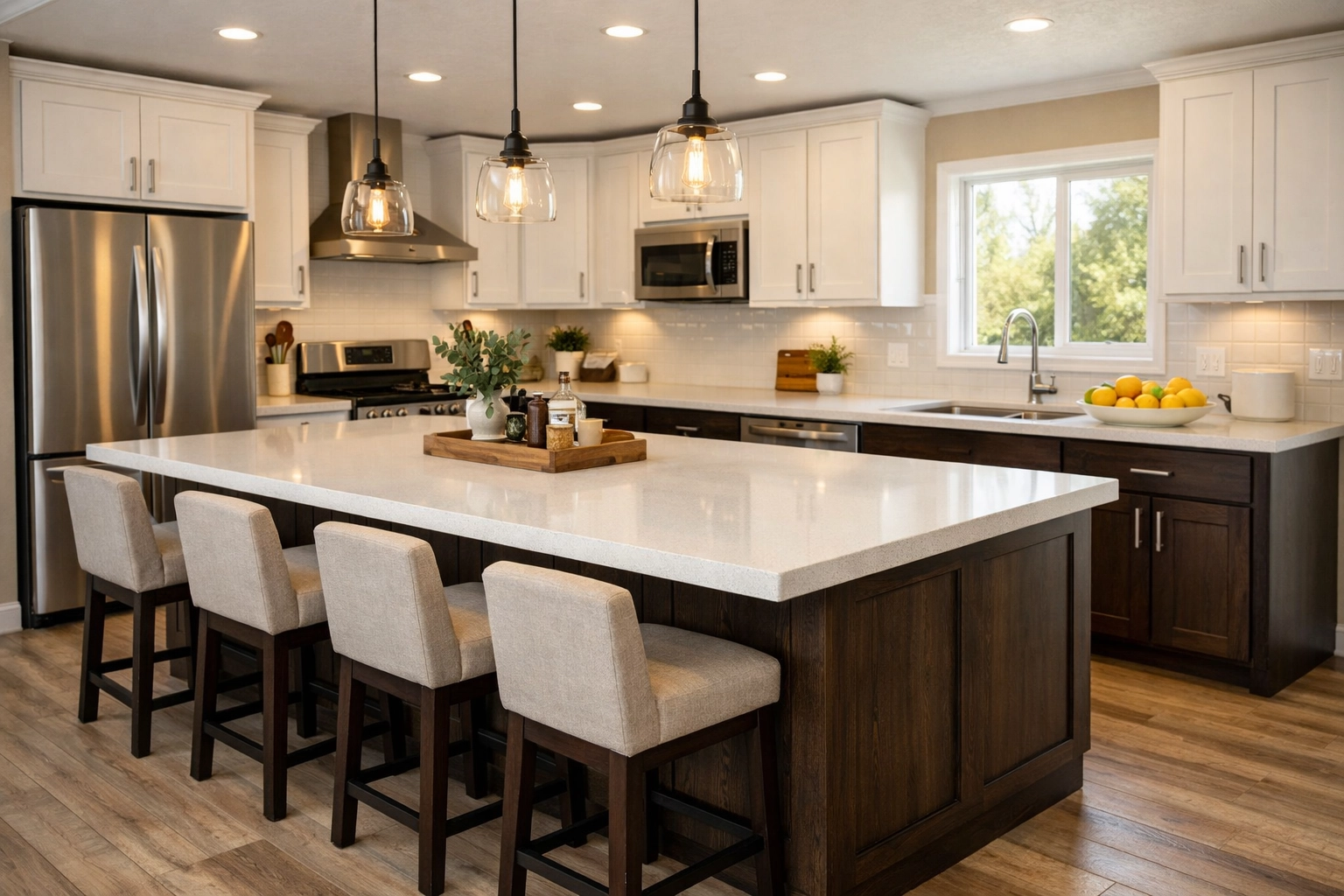 Modern kitchen in the El Rancho manufactured home model with a large island and high-end finishes for families.