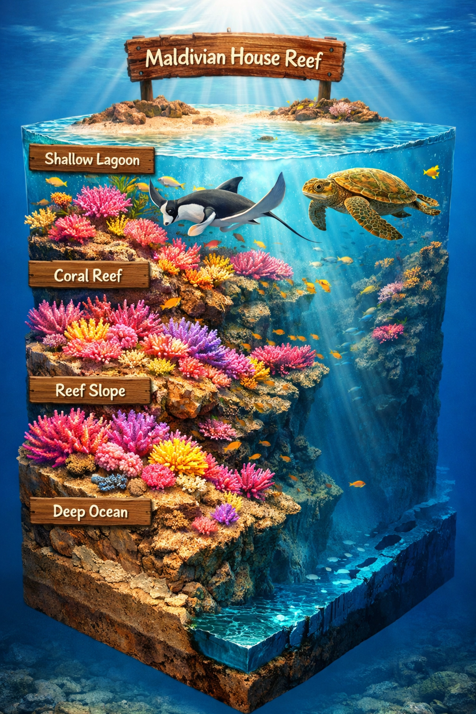 Underwater infographic of a Maldives house reef showing sea turtles, manta rays, and vibrant coral life.
