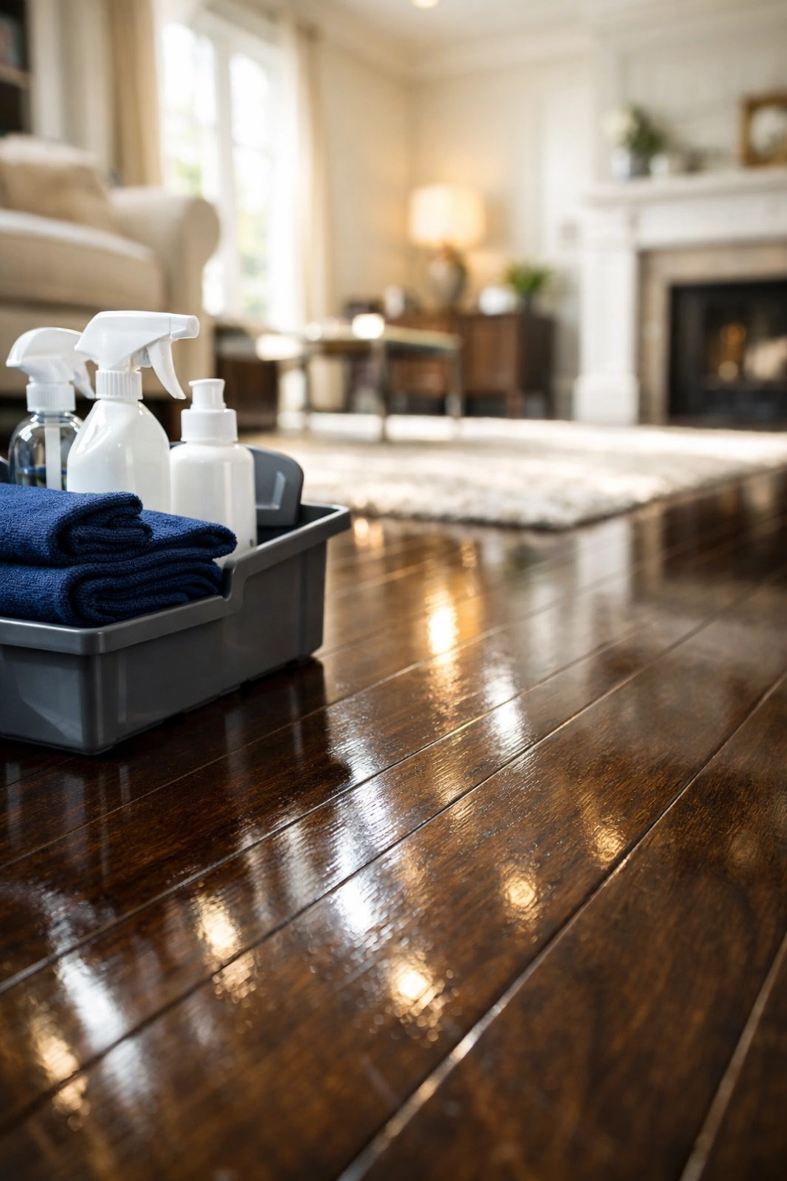 Professional house cleaners' equipment in a flawlessly clean luxury Worcester home.