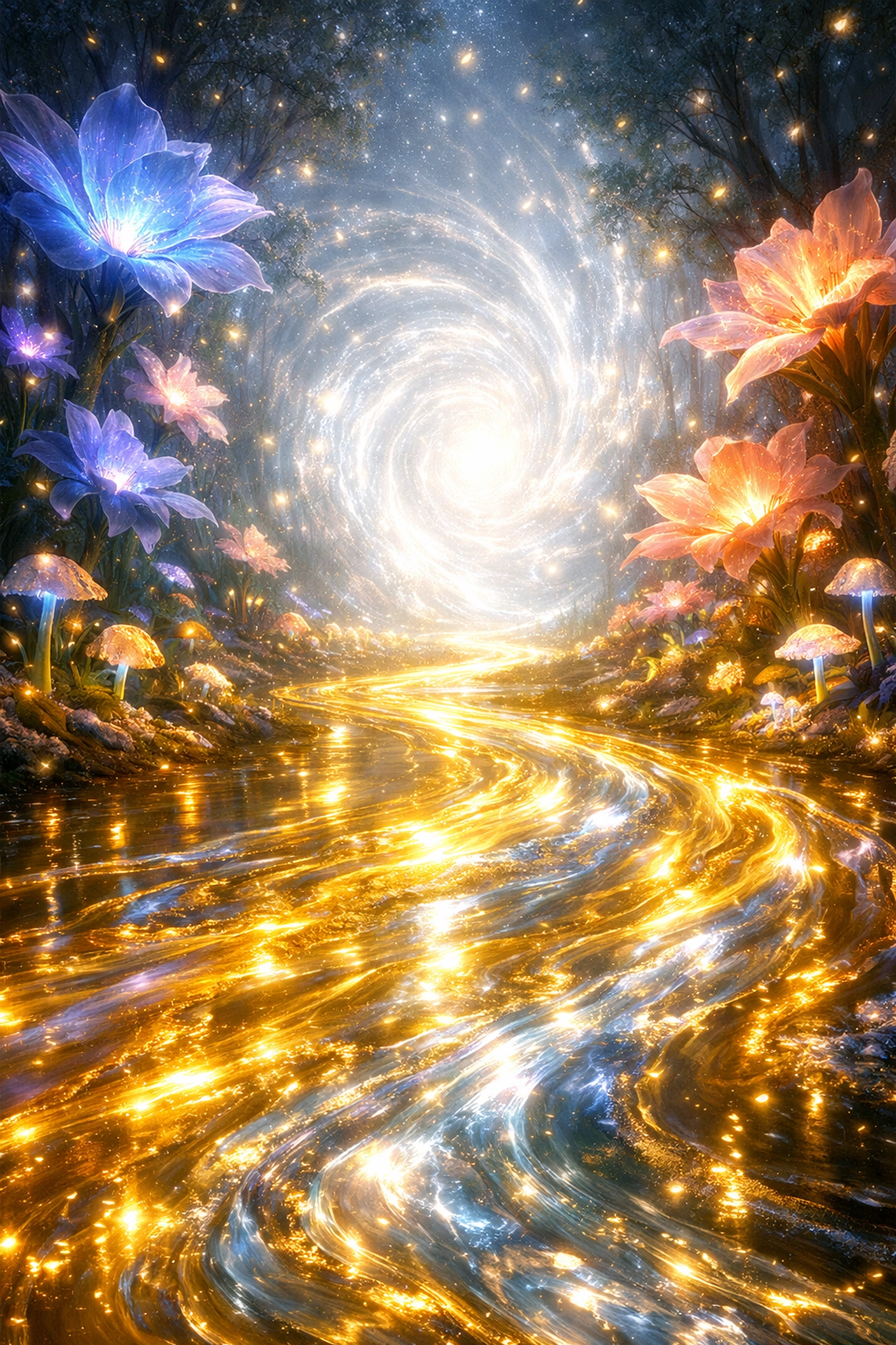 Golden river through a mystical forest leading to a portal representing the transition into flow states.