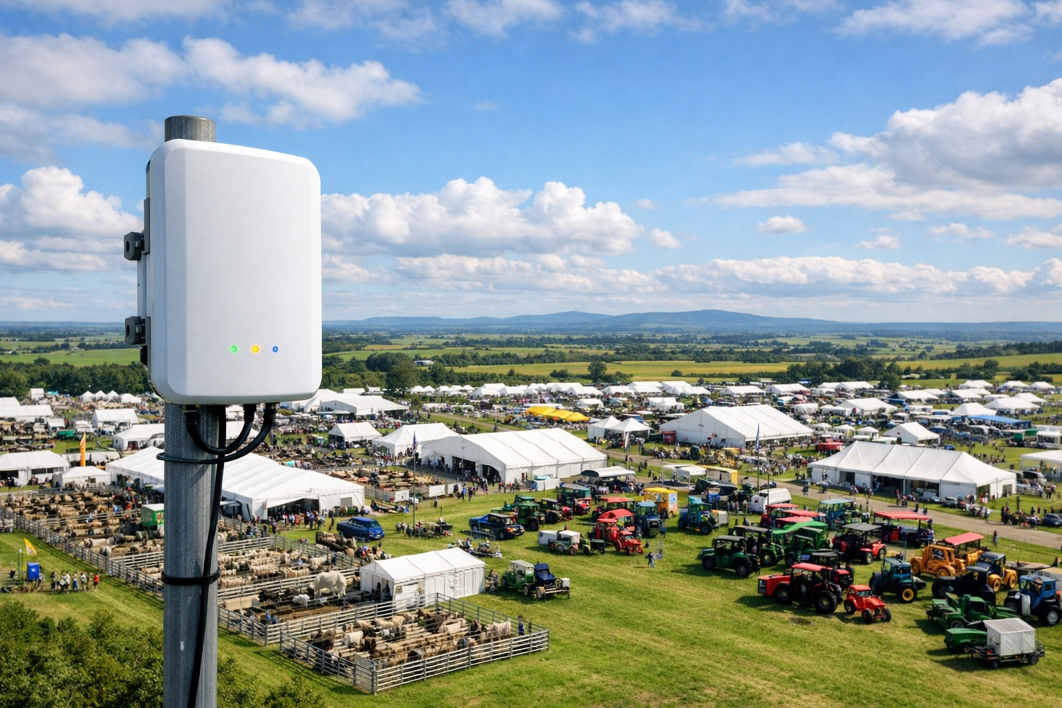 Aerial view of remote agricultural show venue with WiFi access point covering sprawling outdoor fields